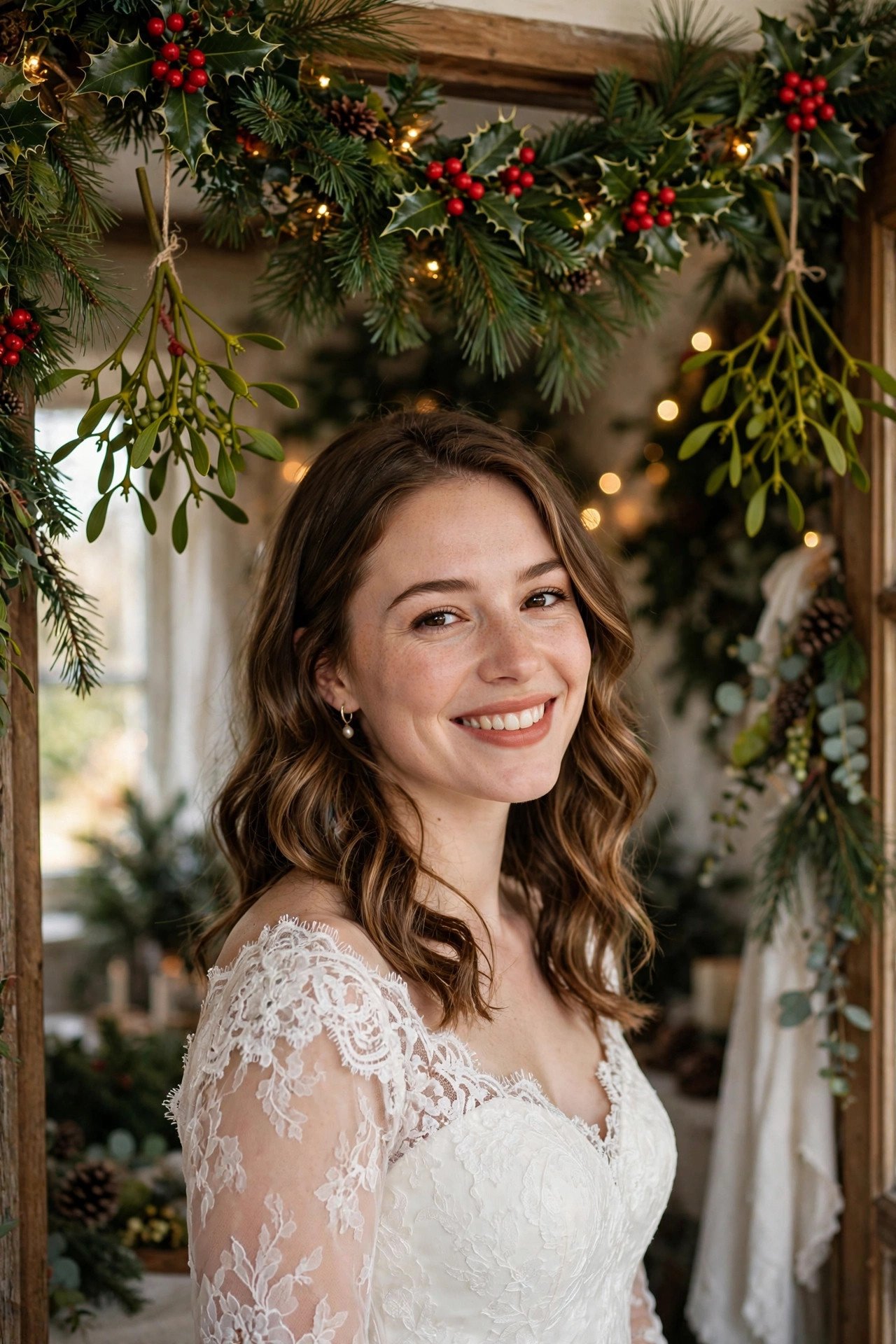 Mistletoe and greenery holiday decor with red berries at a bridal shower