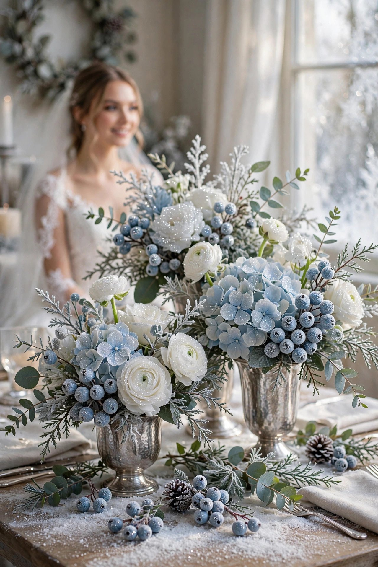 Frosted winter floral centerpieces with white roses and snowy greenery