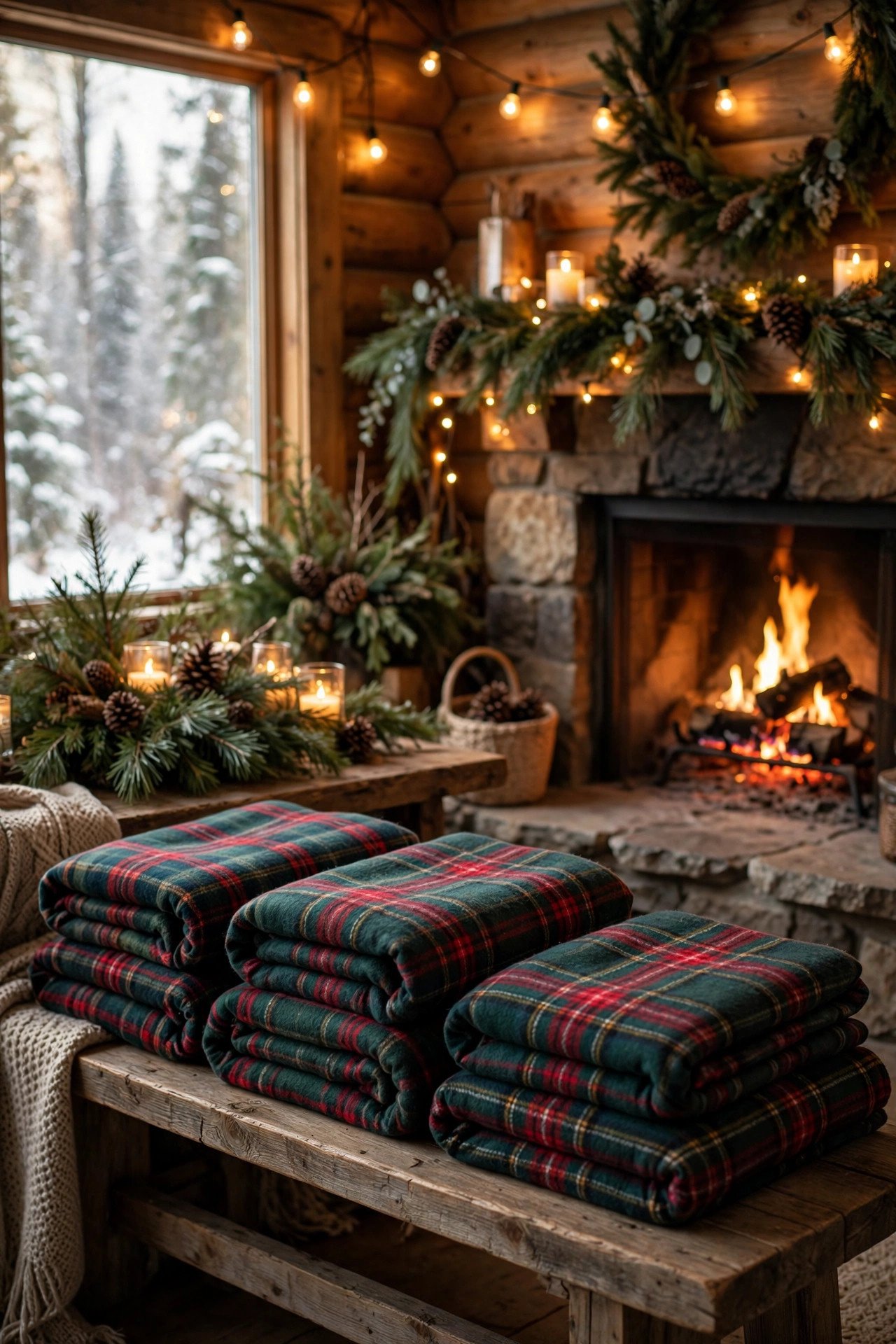 Rustic cabin interior bridal shower with plaid blankets and warm wood decor