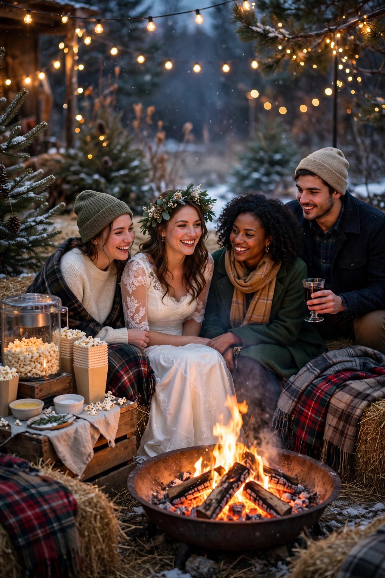 Outdoor fire pit with cozy blankets and popcorn for a bridal shower movie night