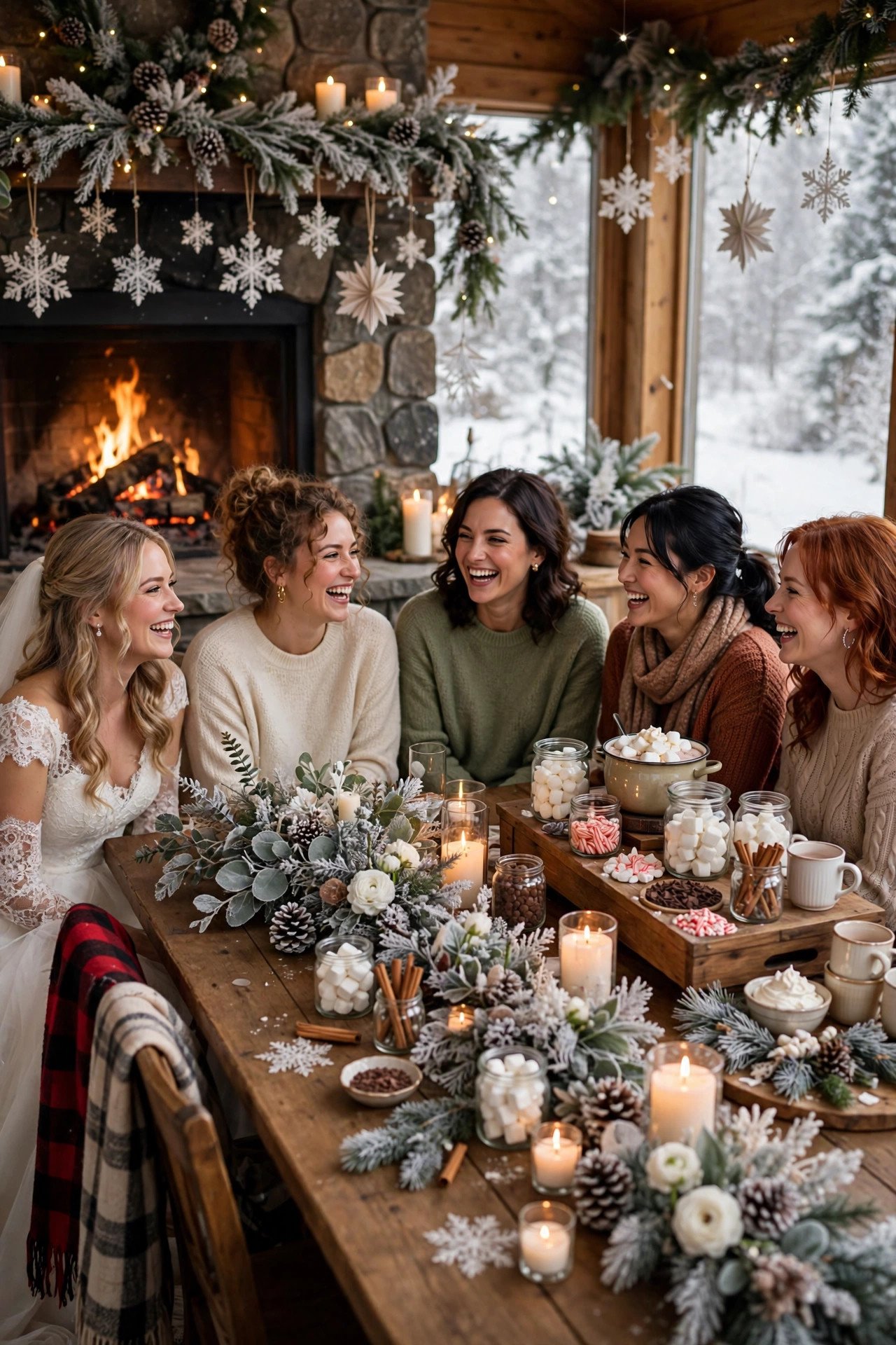 Cozy winter bridal shower scene with candles, evergreen decor and a hot cocoa bar