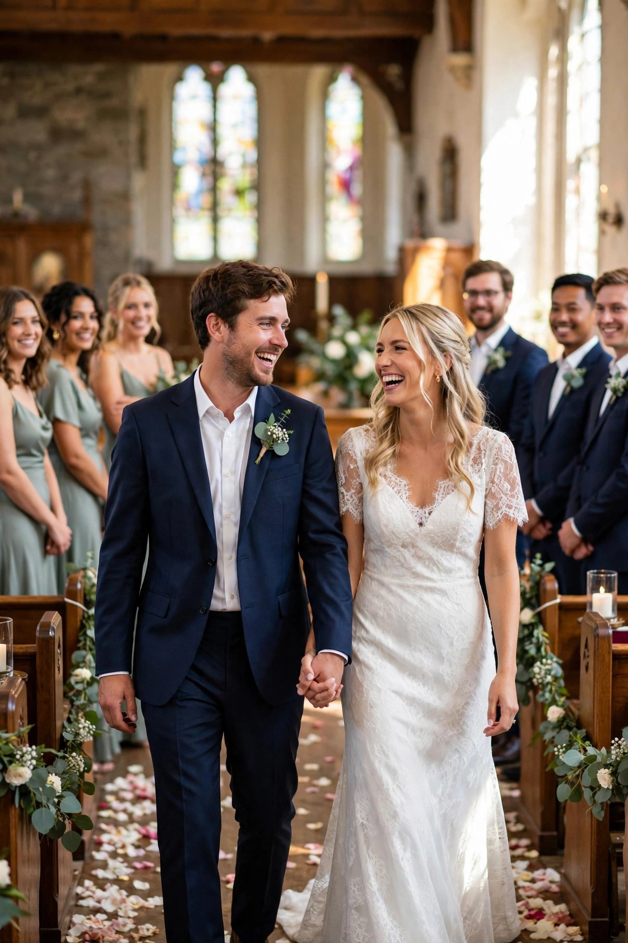 Newly married couple practicing their recessional walk down the aisle at rehearsal