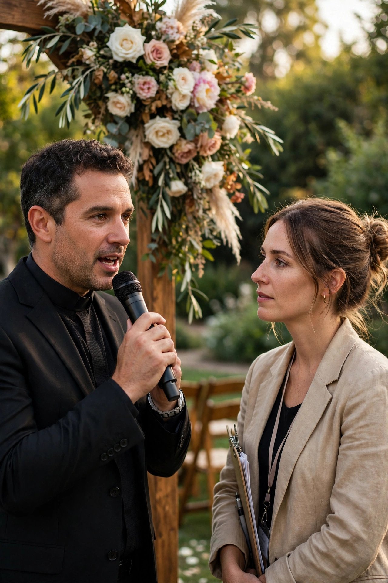 Officiant testing a microphone at the ceremony site during the wedding rehearsal