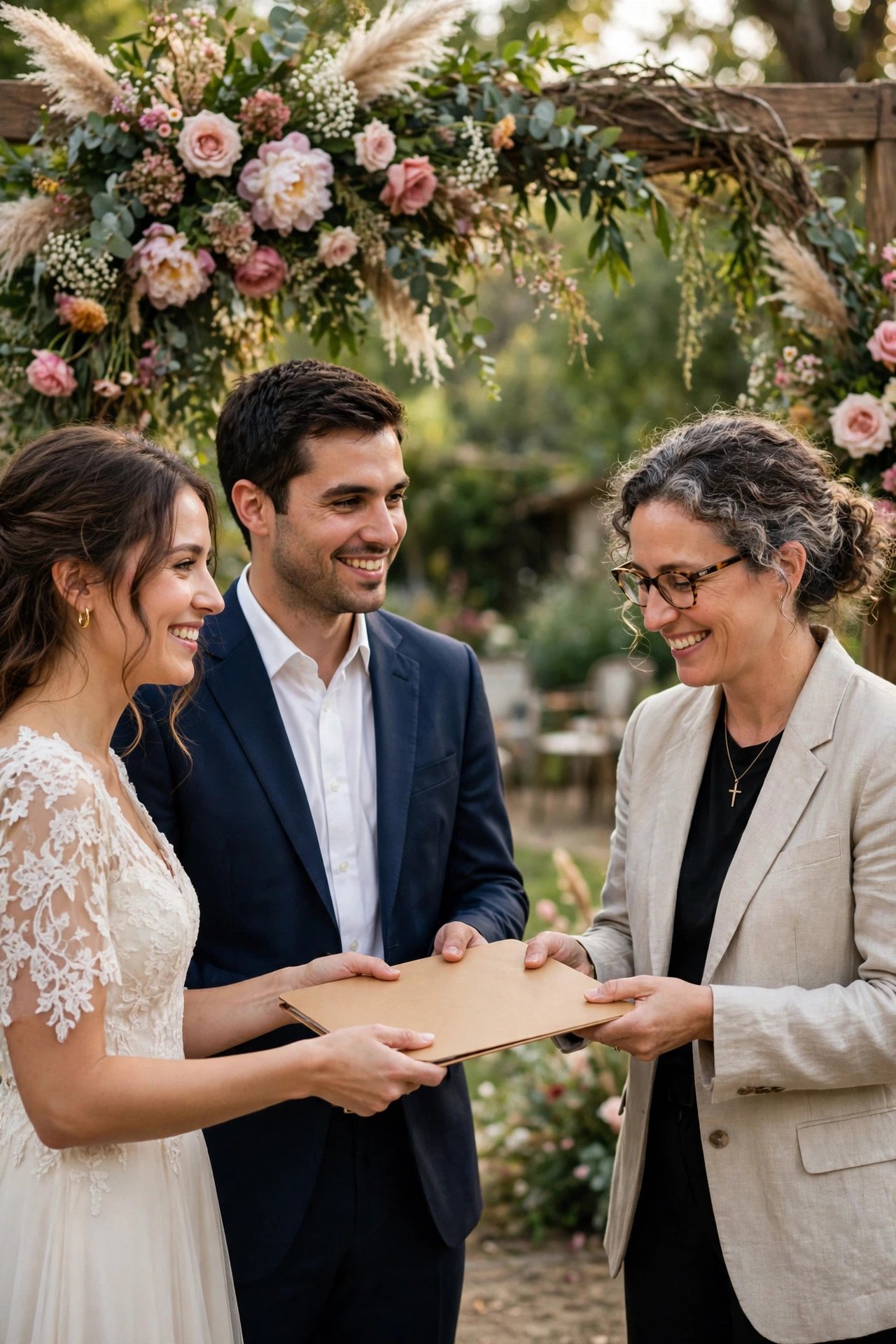 Couple handing their marriage license to the officiant at the wedding rehearsal