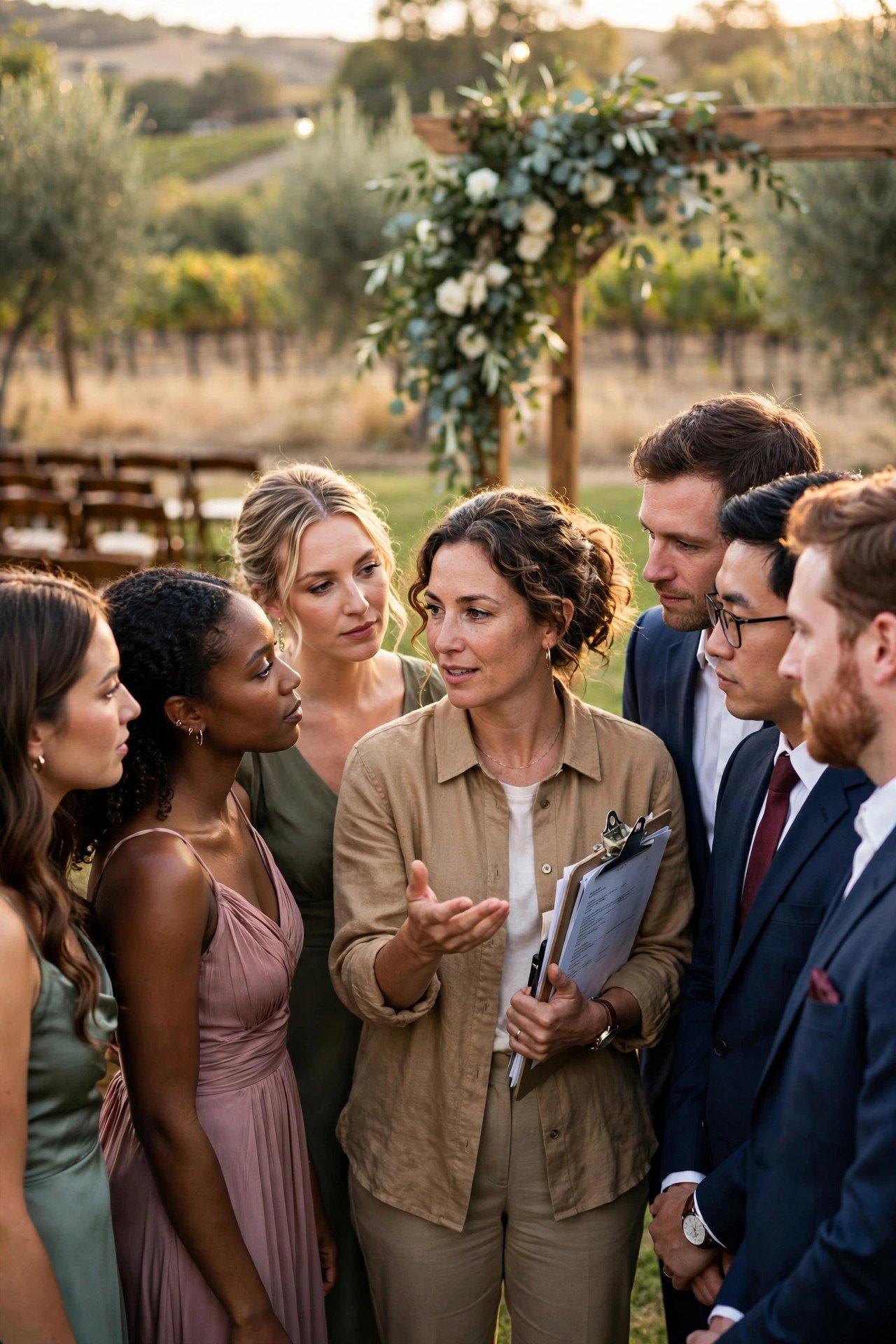 Wedding party gathered around the coordinator listening to role instructions at rehearsal