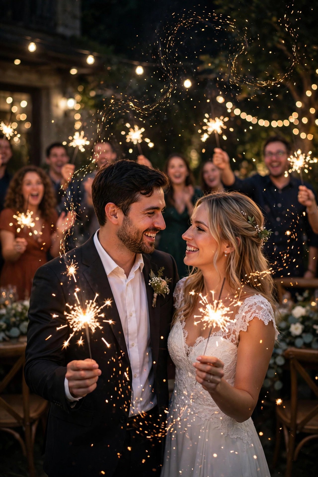 Sparkler send-off practice at a nighttime wedding rehearsal with the wedding party
