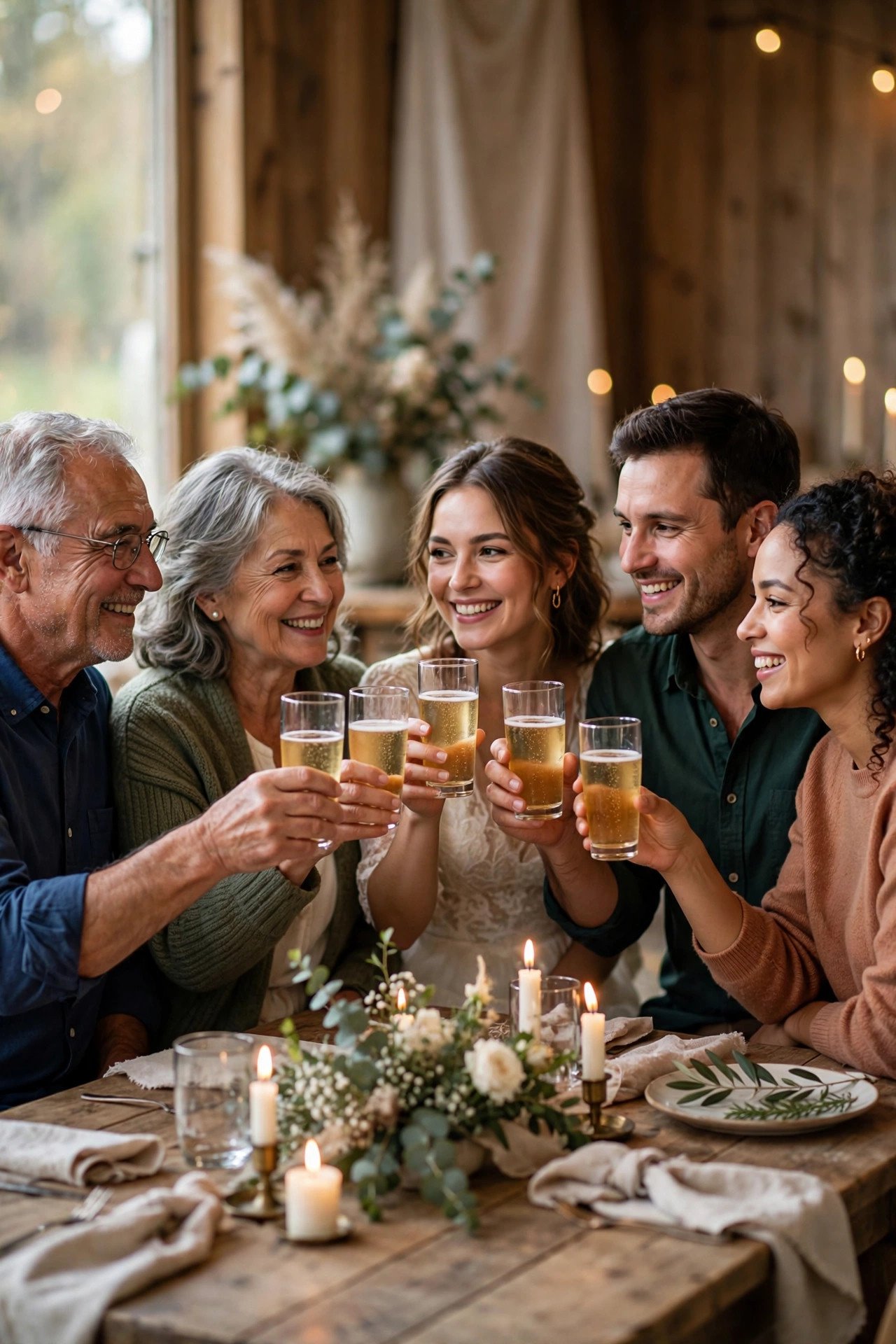 Family raising a toast together at a warm rehearsal dinner table