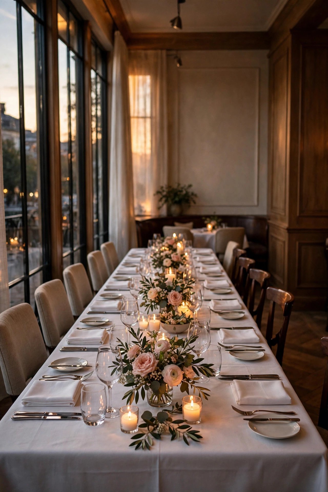 Elegant restaurant private dining room set for a rehearsal dinner