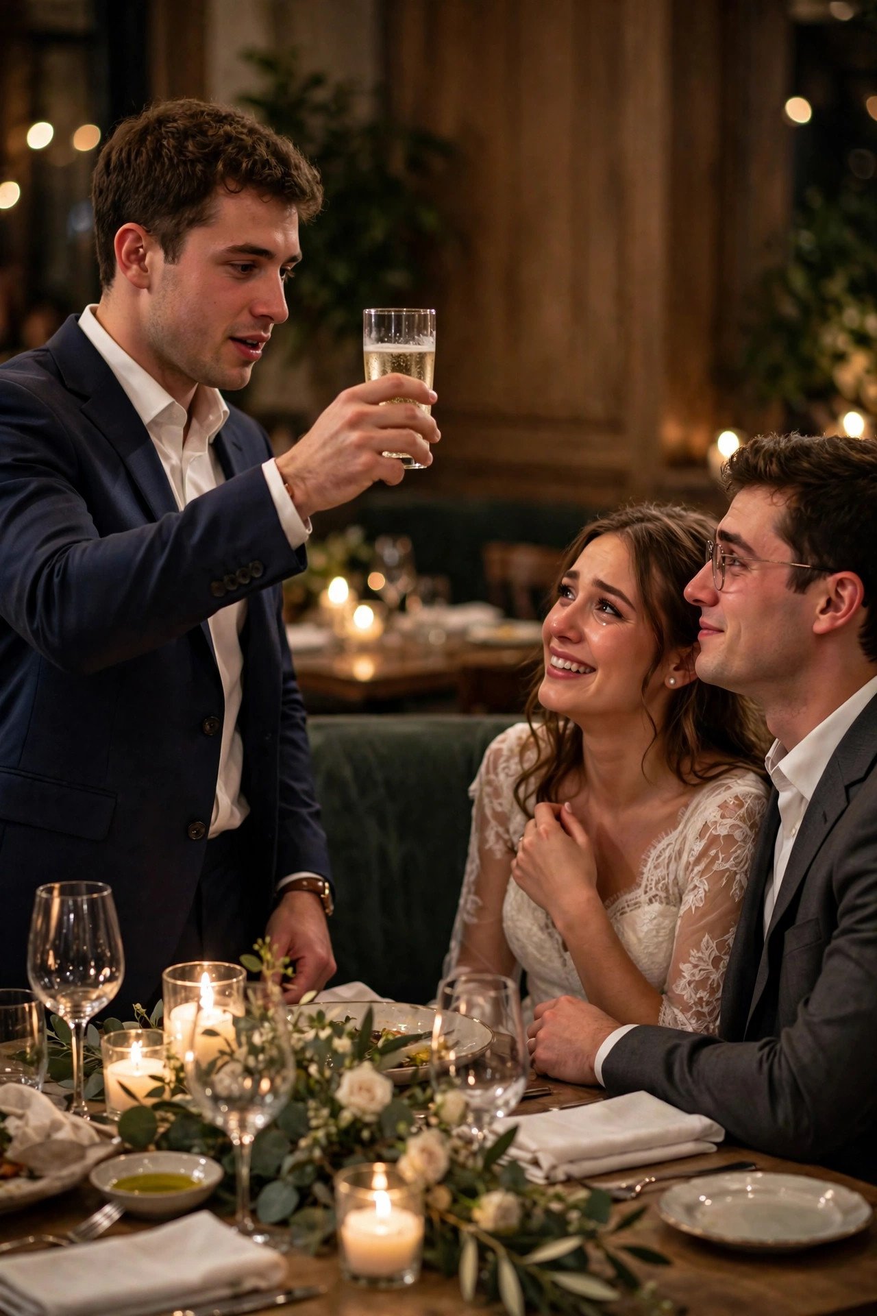 Emotional best man toast at a candlelit rehearsal dinner