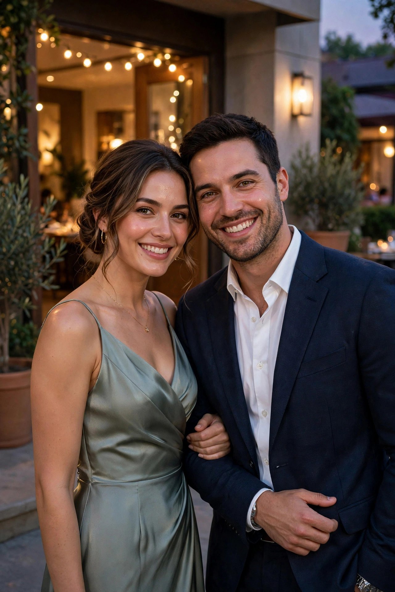 Stylish couple dressed up for their rehearsal dinner arriving at a restaurant