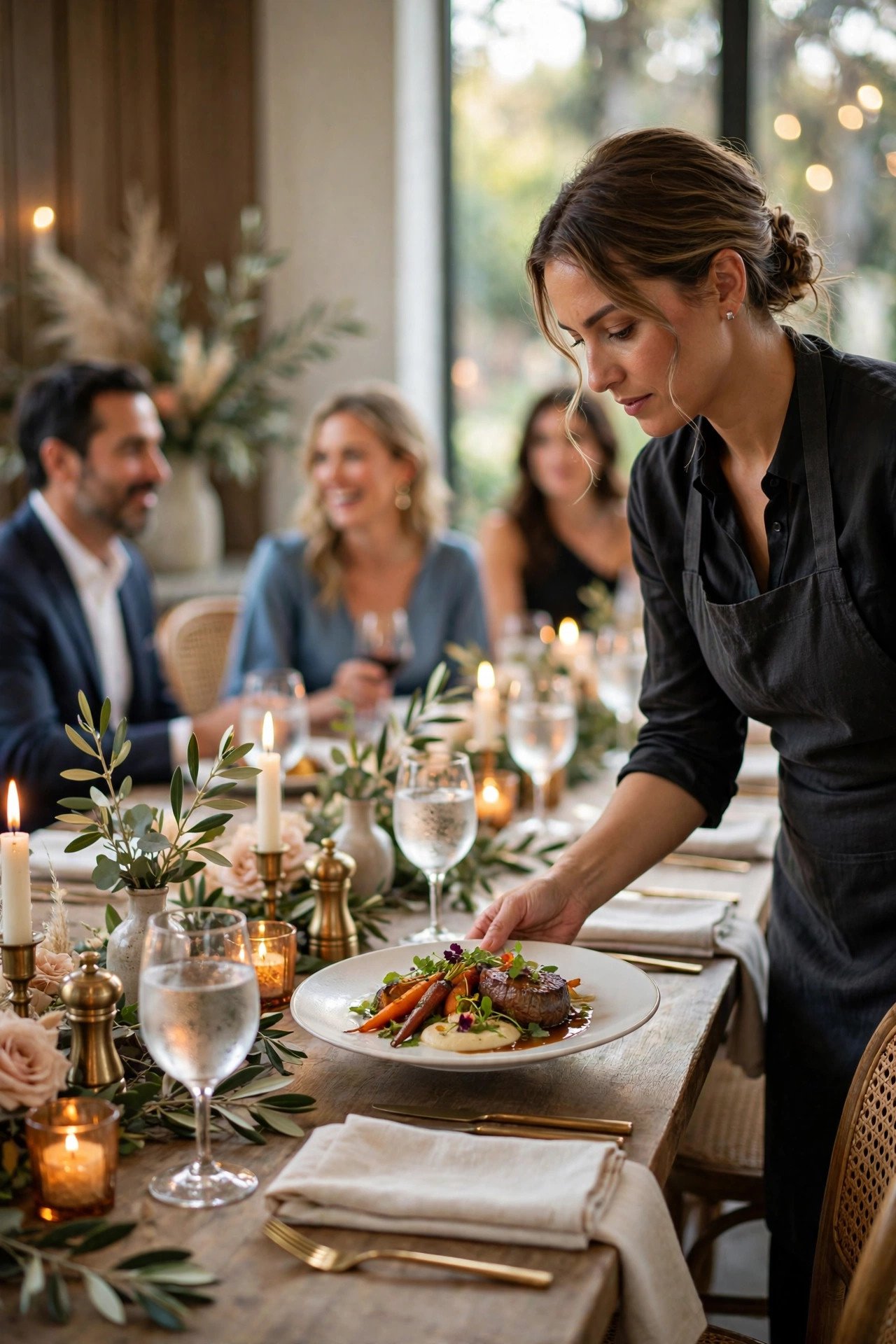Elegant plated dinner service at a rehearsal dinner with guests dining