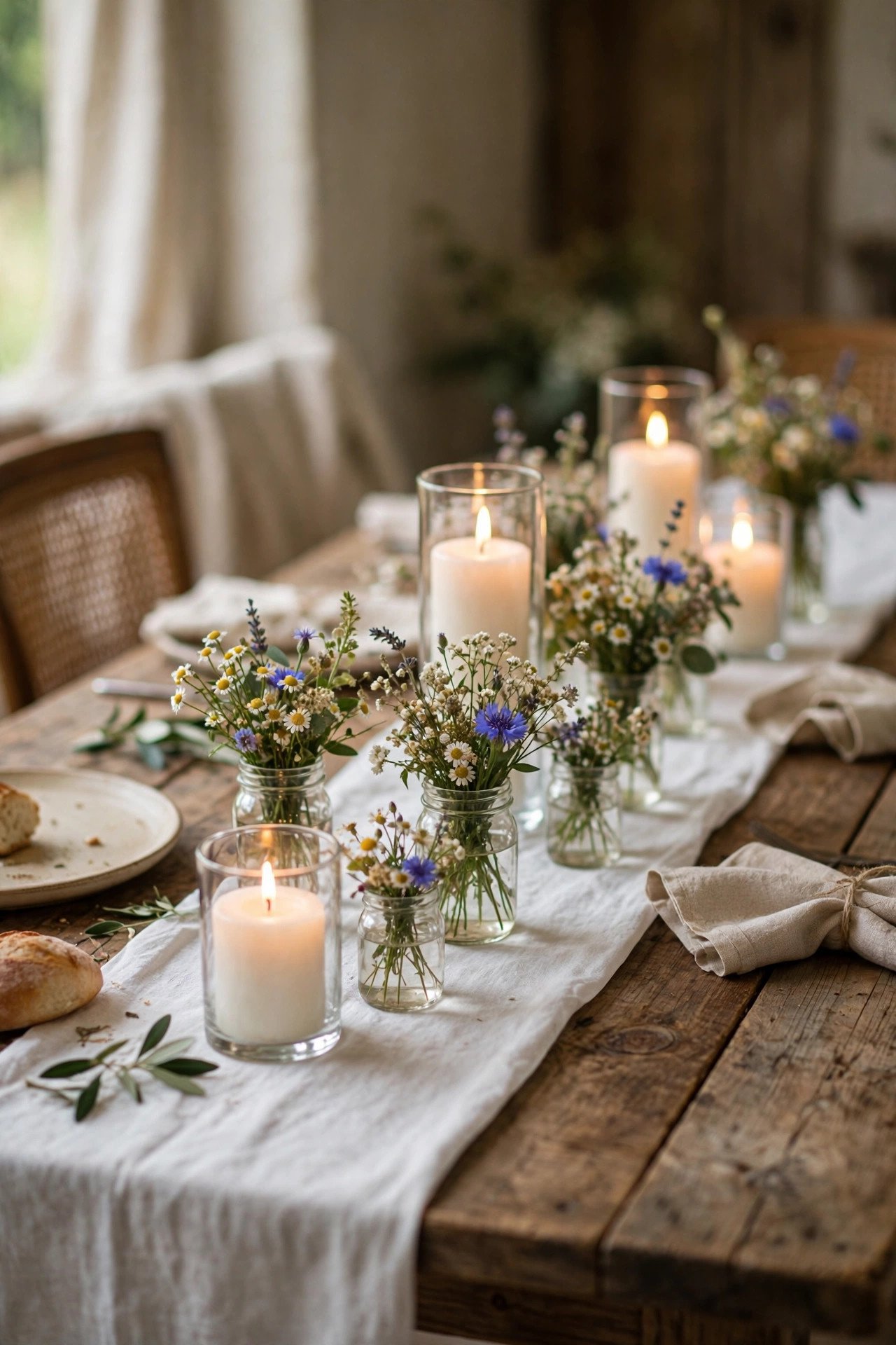 Simple candlelit rehearsal dinner table with framed couple photos as decor