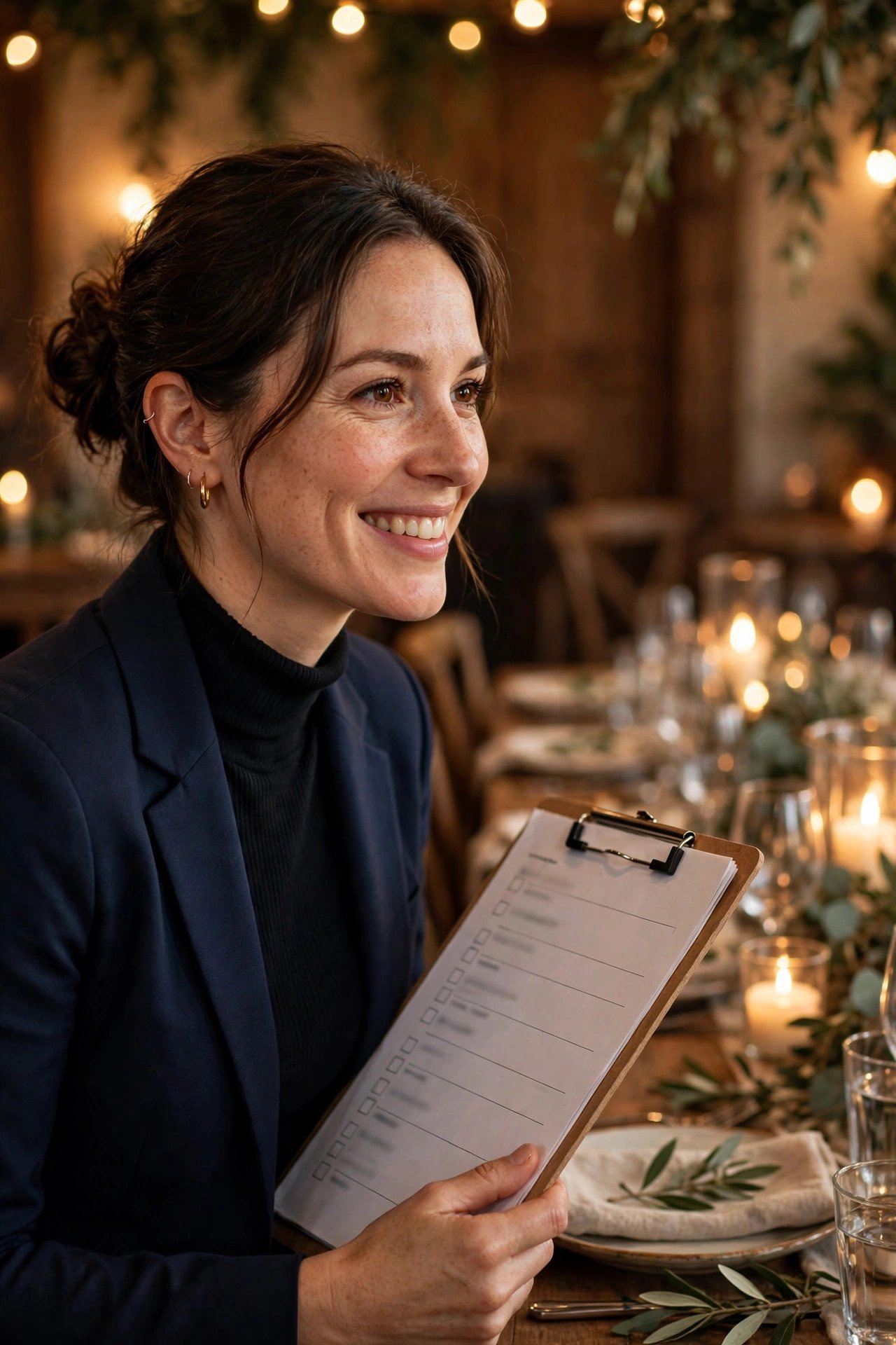 Wedding coordinator holding a timeline clipboard at the rehearsal dinner venue