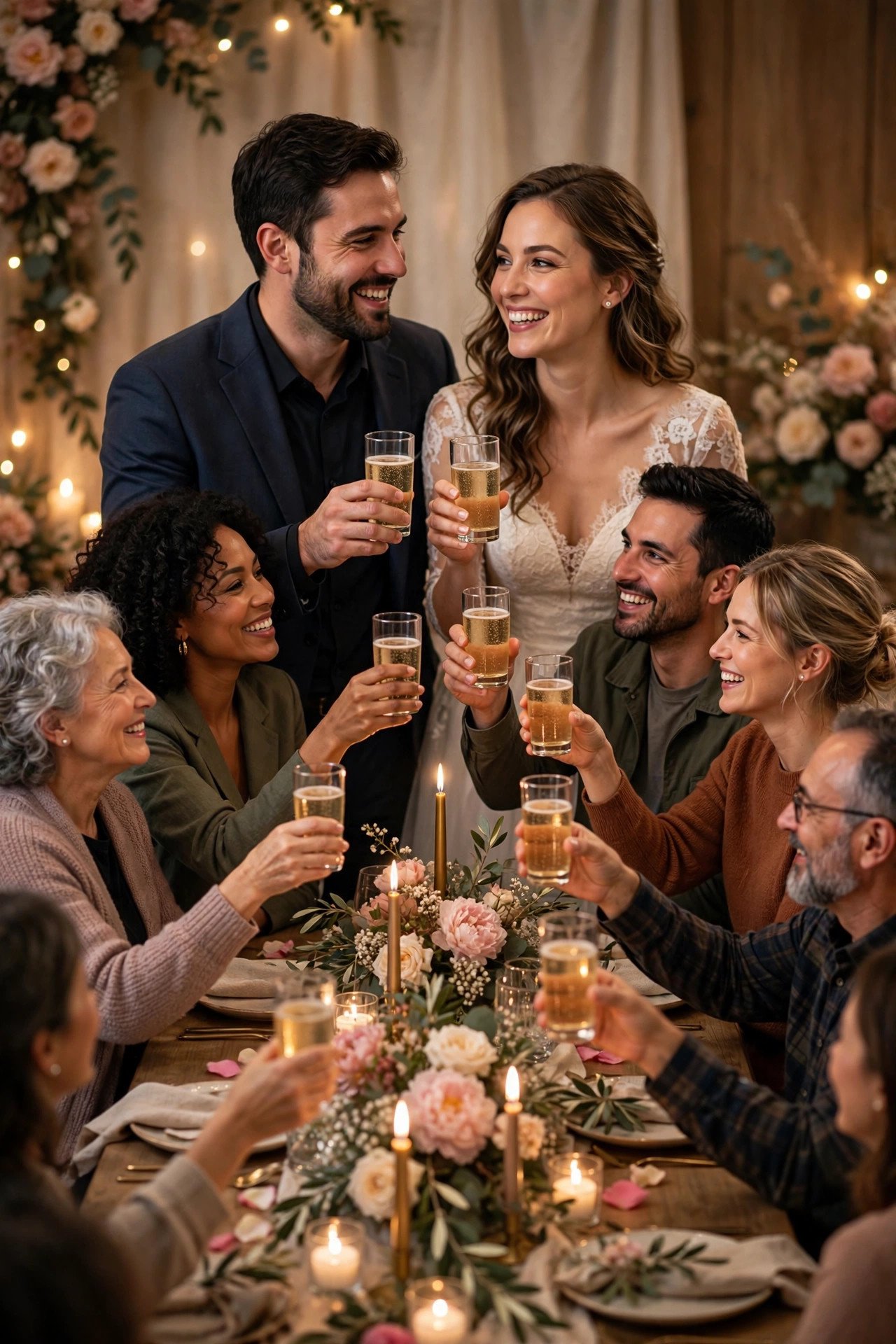 Warm candlelit rehearsal dinner table with family raising a toast