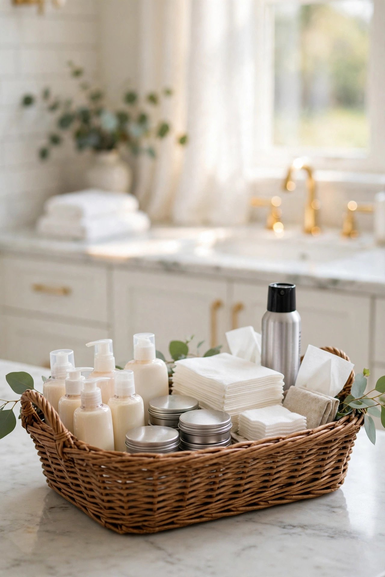 Wicker basket filled with wedding bathroom essentials and toiletries on a venue bathroom counter