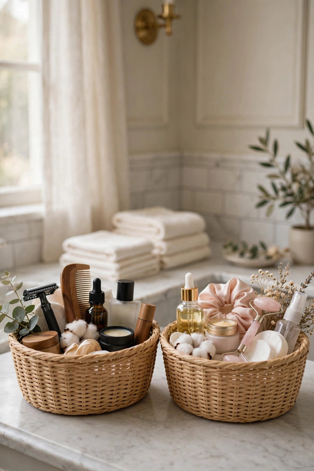 Two matching wedding bathroom baskets labeled his and hers with tailored toiletries