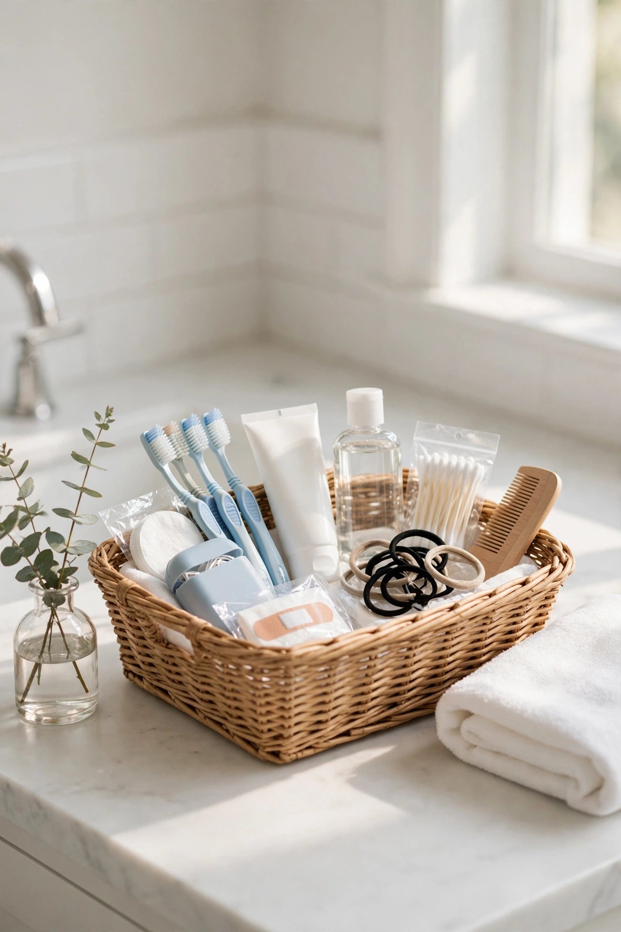 Affordable wedding bathroom basket with neatly arranged drugstore toiletries and a handwritten sign