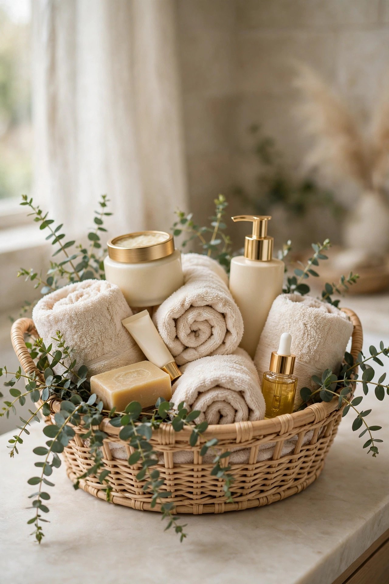 Luxury spa-style wedding bathroom basket with premium toiletries, candle and folded towels