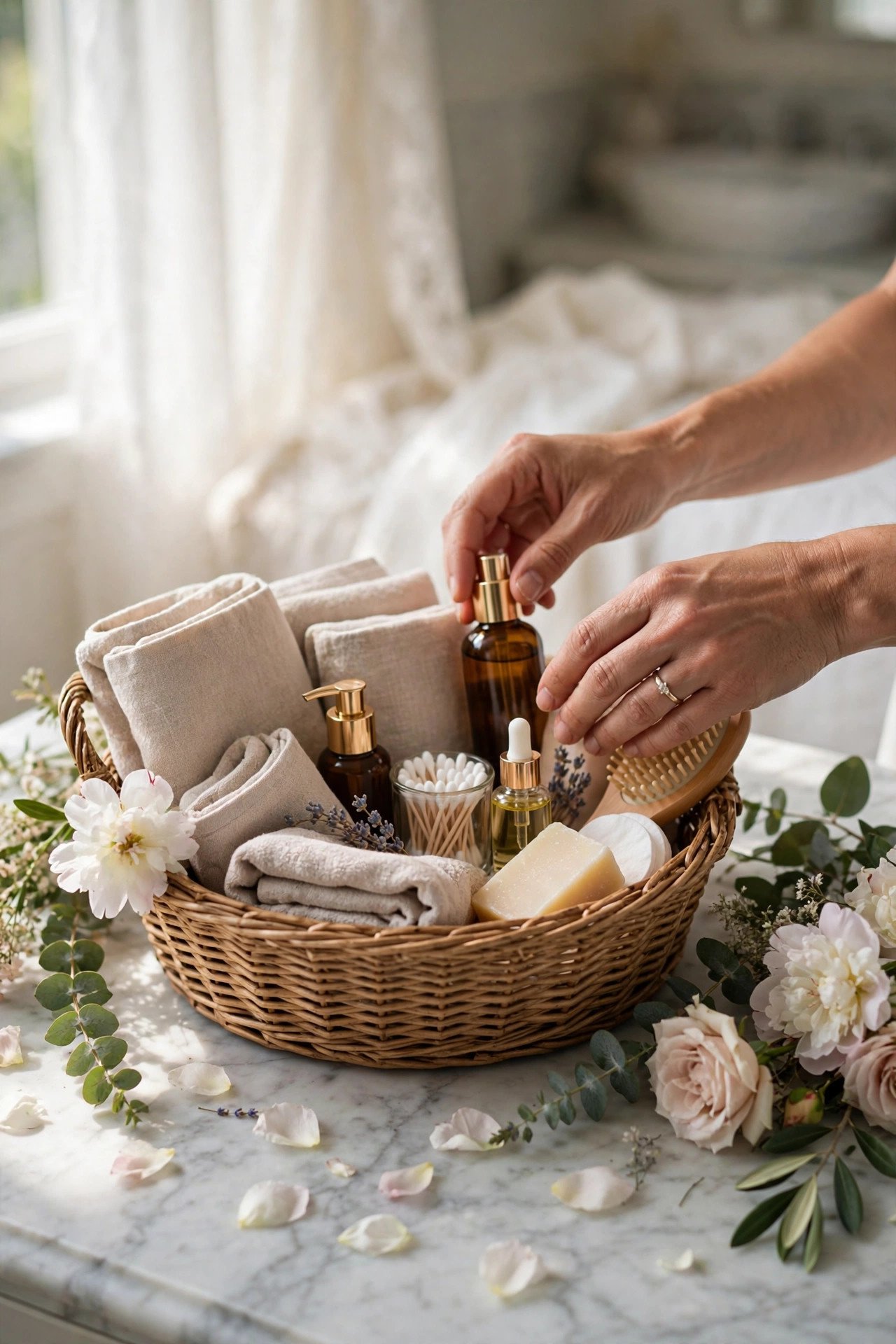 Hands arranging wedding bathroom basket items on a vanity with a framed help yourself sign