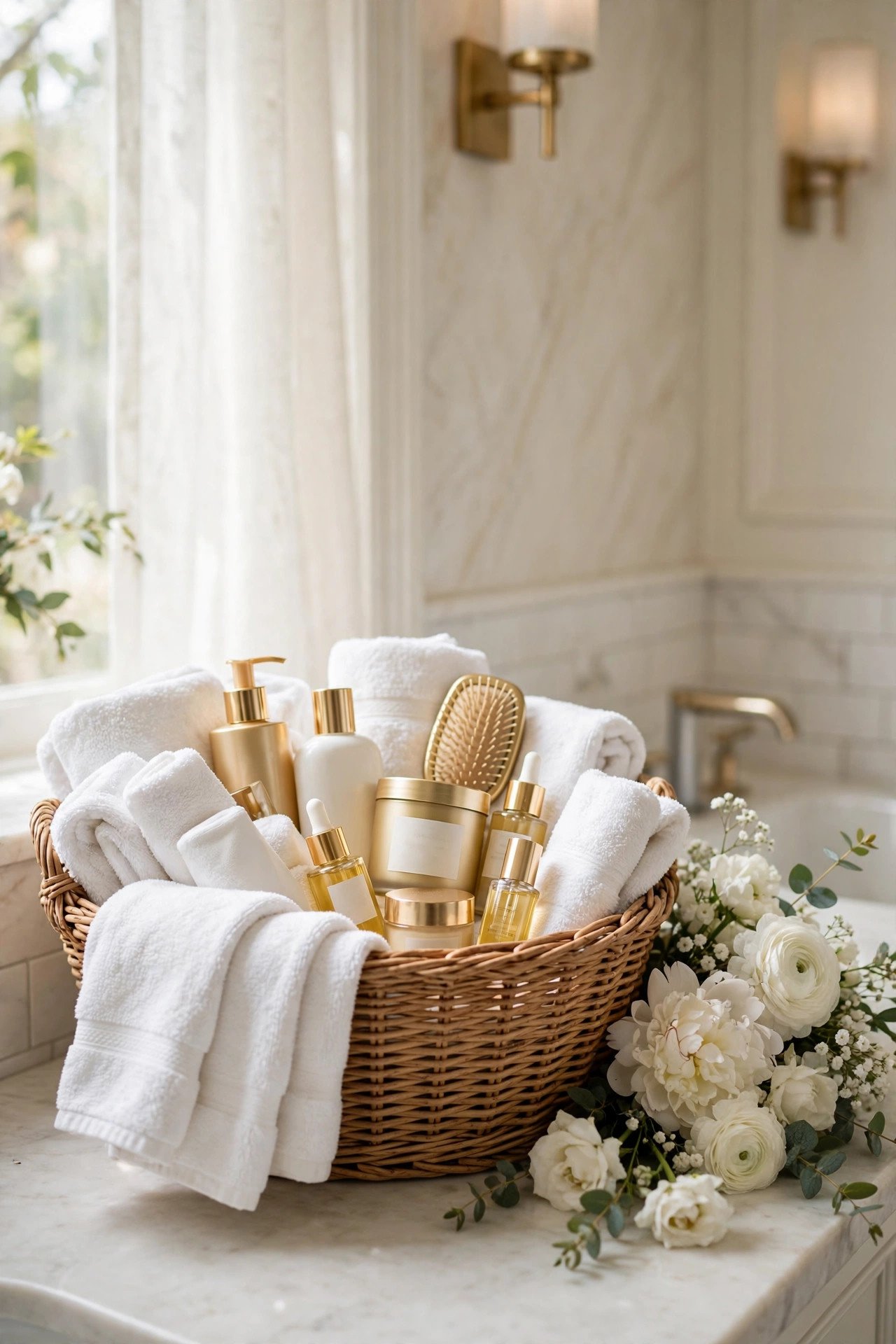 Elegant wedding bathroom basket with toiletries and emergency essentials on a venue vanity