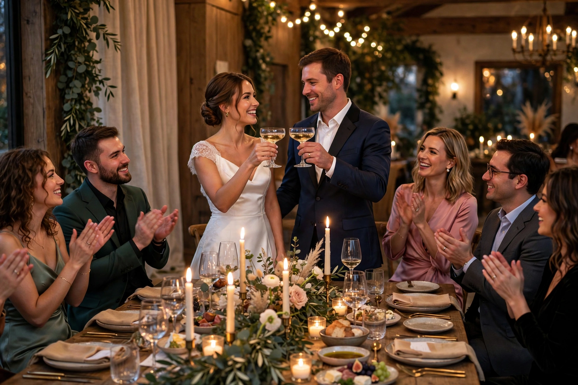 Couple raising champagne coupes in a joyful toast as wedding party guests applaud at a candlelit rehearsal dinner