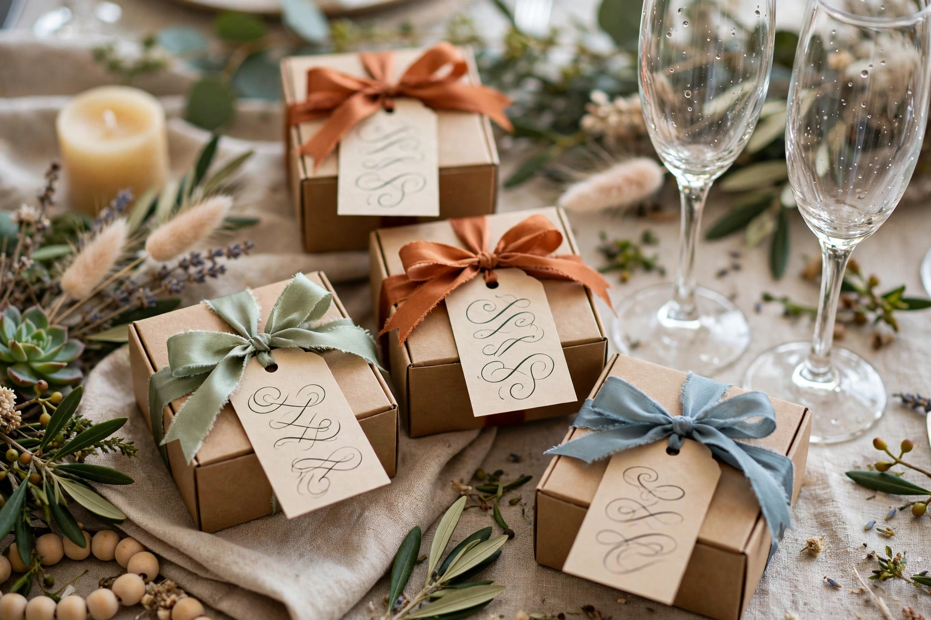 Handwritten thank-you gift boxes with silk ribbons and calligraphed tags beside champagne flutes on a rehearsal dinner table