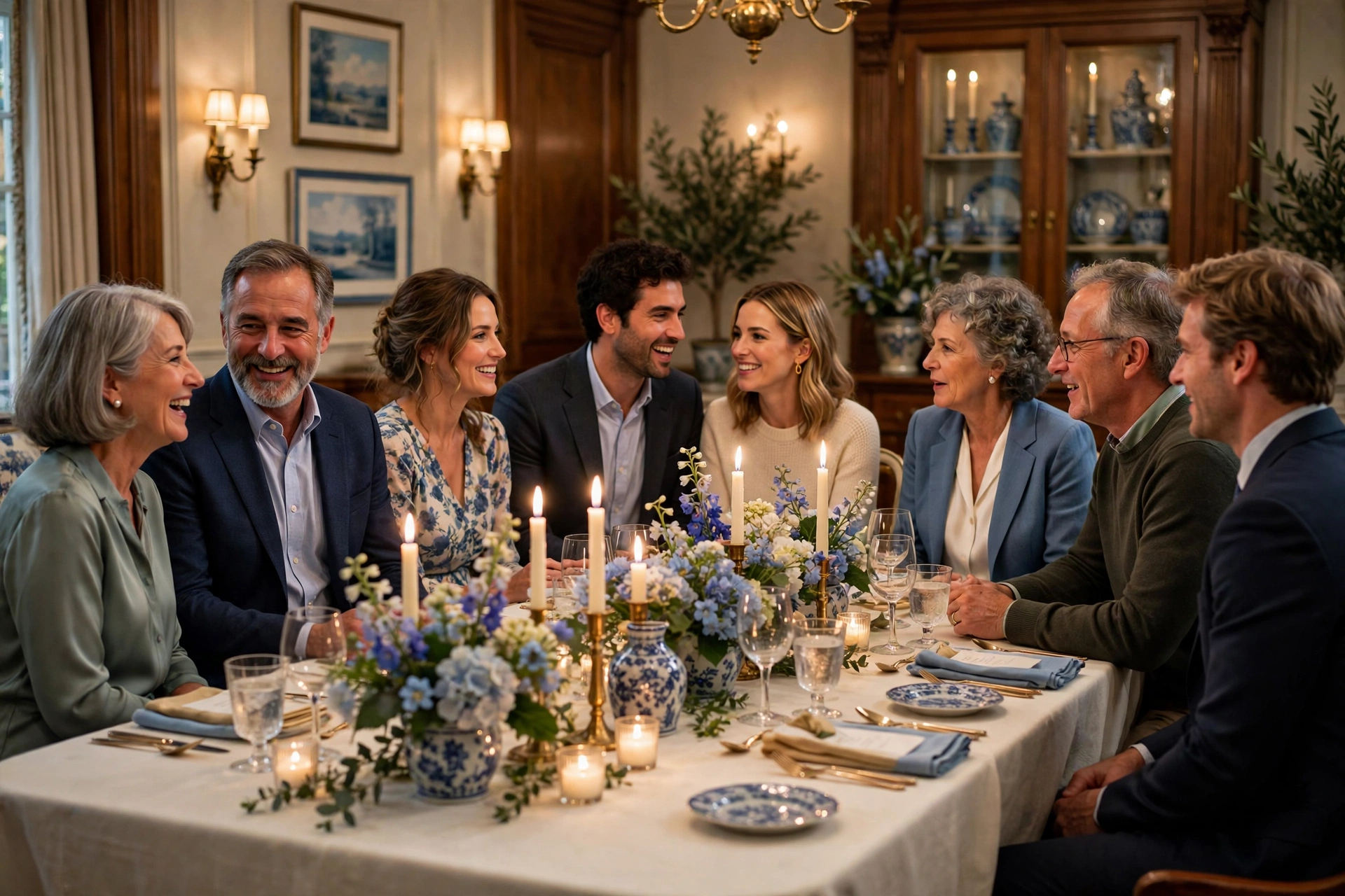 Both families laughing together around a long ivory rehearsal dinner table with blue-and-white florals and glowing candles