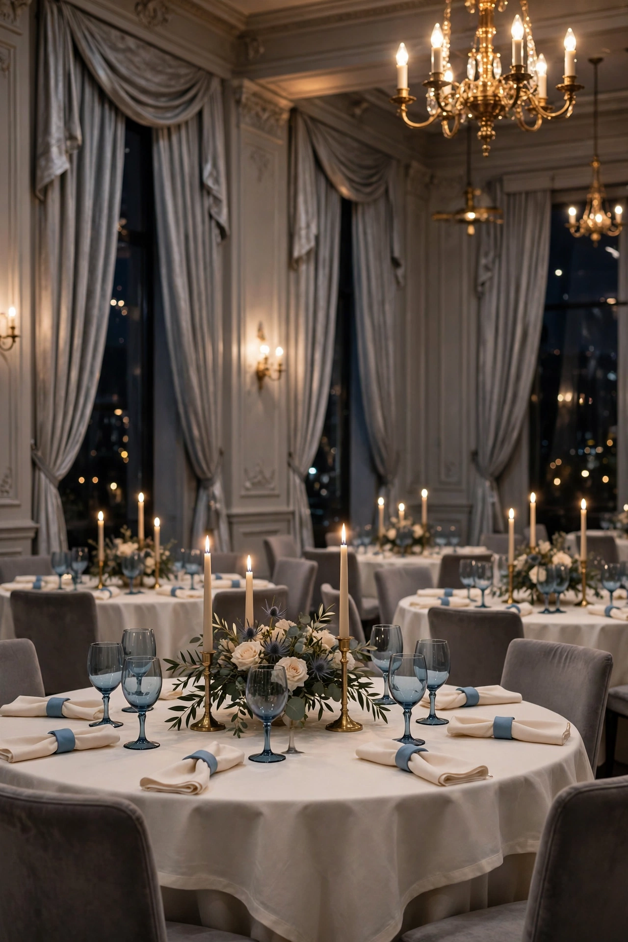 Elegant candlelit rehearsal dinner ballroom with ivory linens, dusty-blue glassware and tall taper candles