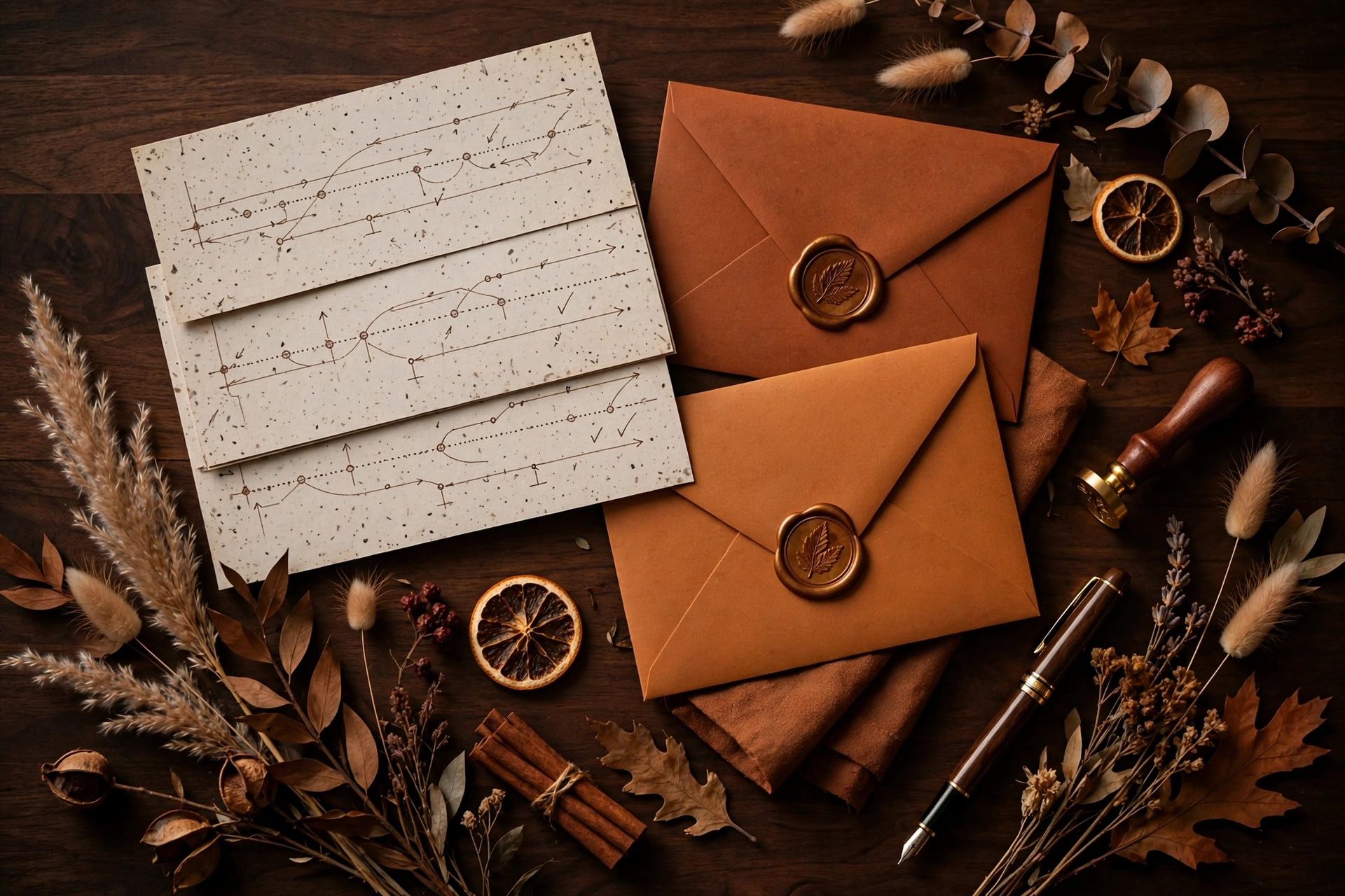 Rehearsal dinner planning flat lay with handwritten timeline cards, wax-sealed invitations and a fountain pen