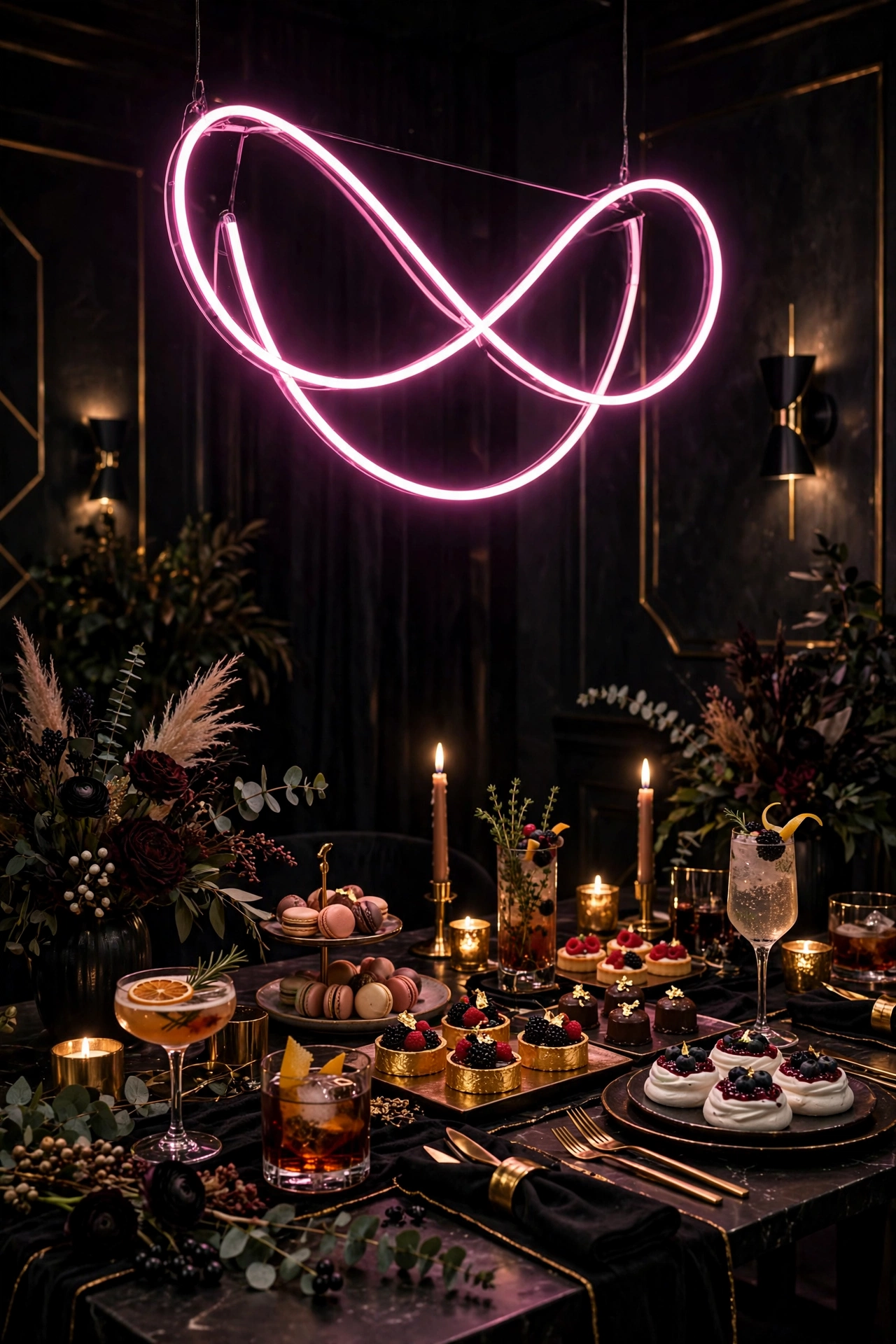 Rehearsal dinner dessert and drinks table with a glowing neon sign and moody night styling