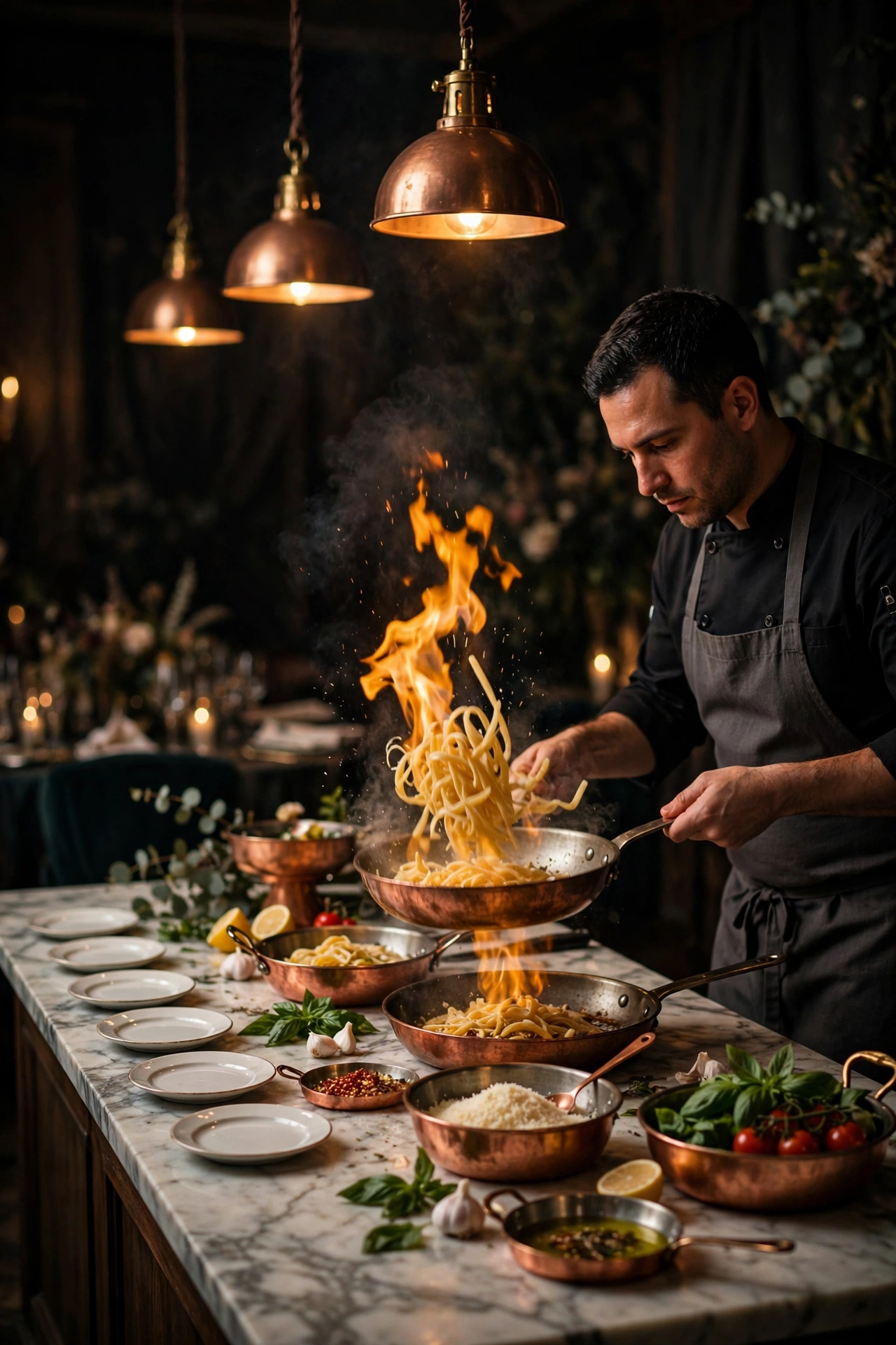 Chef tossing pasta with flames in a copper pan at a live interactive rehearsal dinner food station