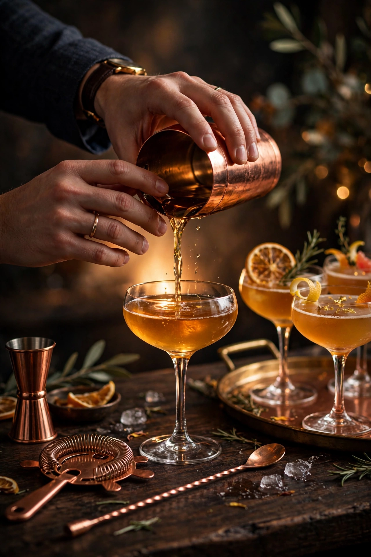 Bartender pouring a golden signature cocktail from a copper shaker into coupe glasses at a rehearsal dinner