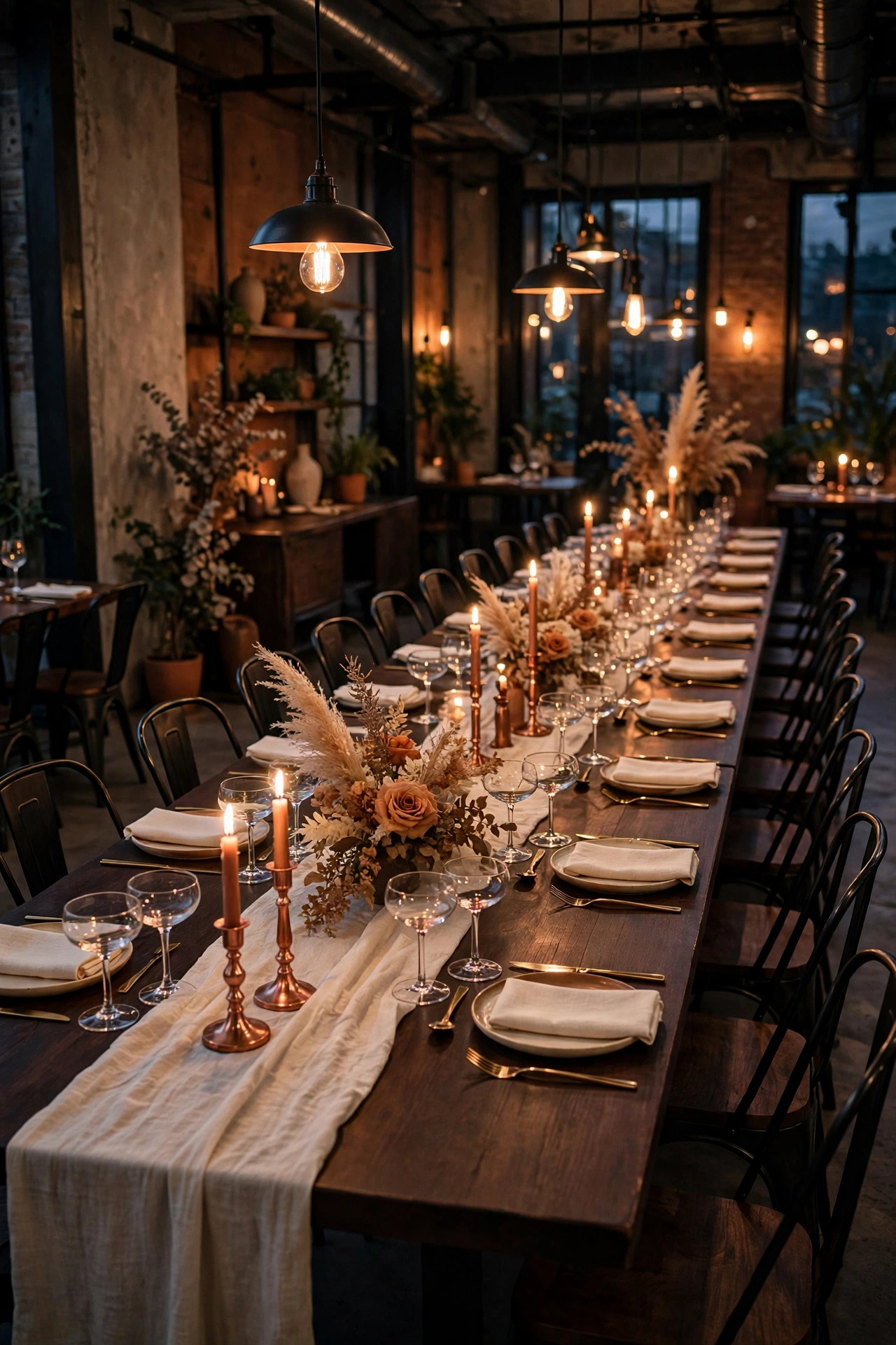 Candlelit modern rehearsal dinner long table with copper candlesticks, cream linen runner and dried florals at dusk