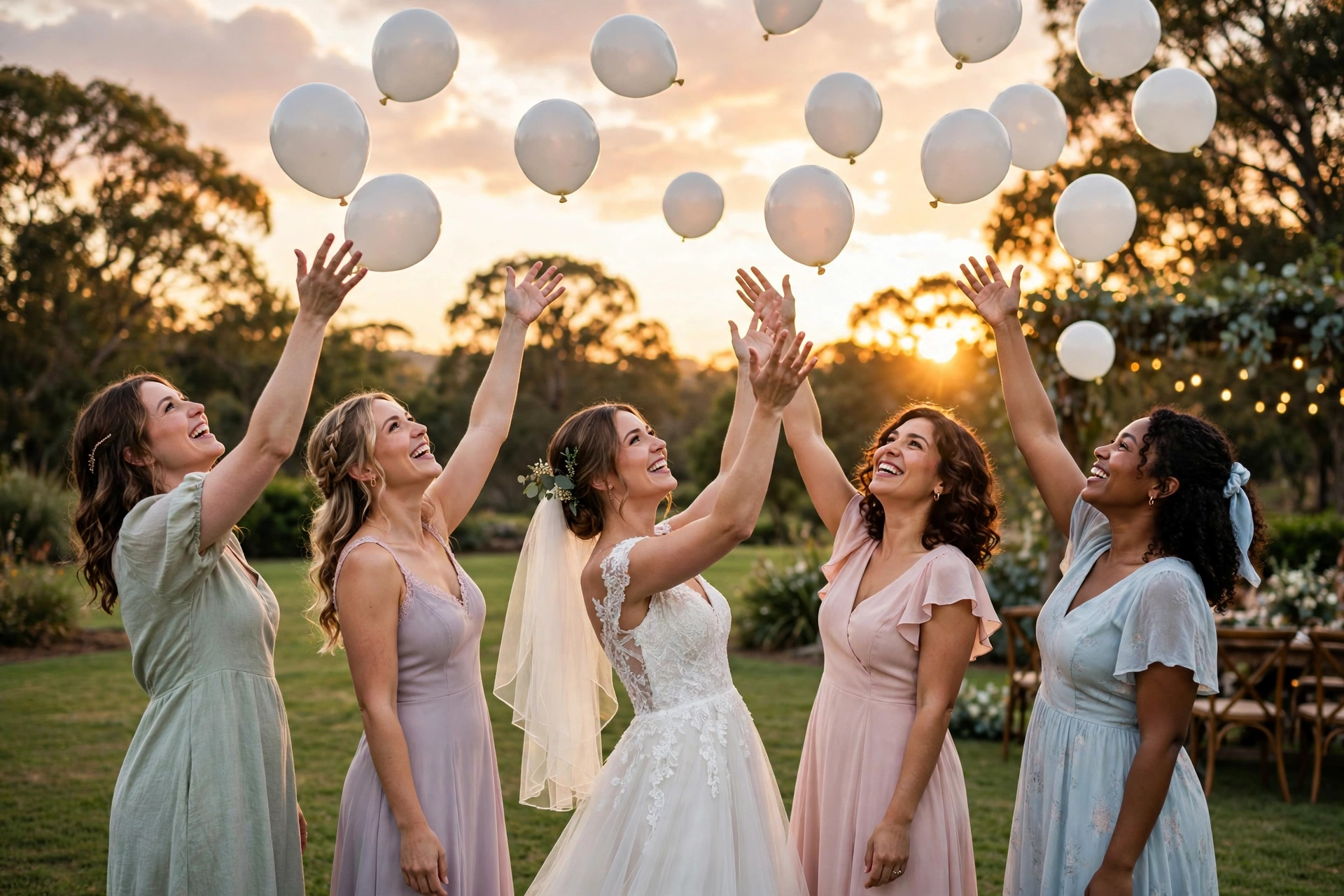 Bride and bridesmaids releasing white biodegradable balloons at golden hour