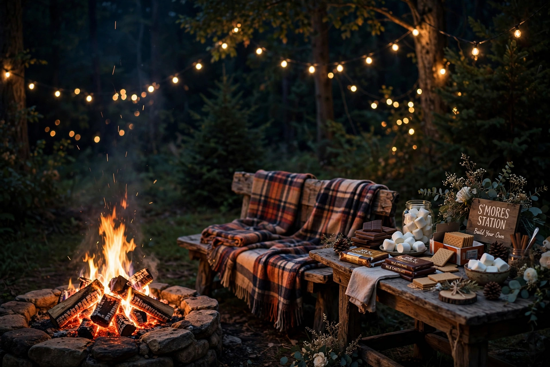 Cozy wedding weekend bonfire night with s'mores station, blankets and string lights under the stars