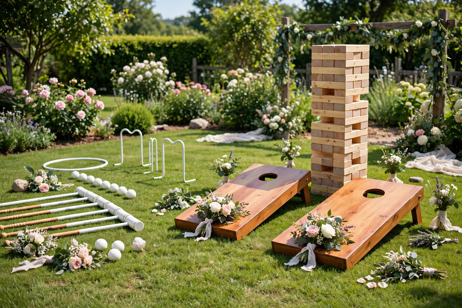 Wedding weekend lawn game tournament with croquet, cornhole and giant Jenga on a sunny garden lawn