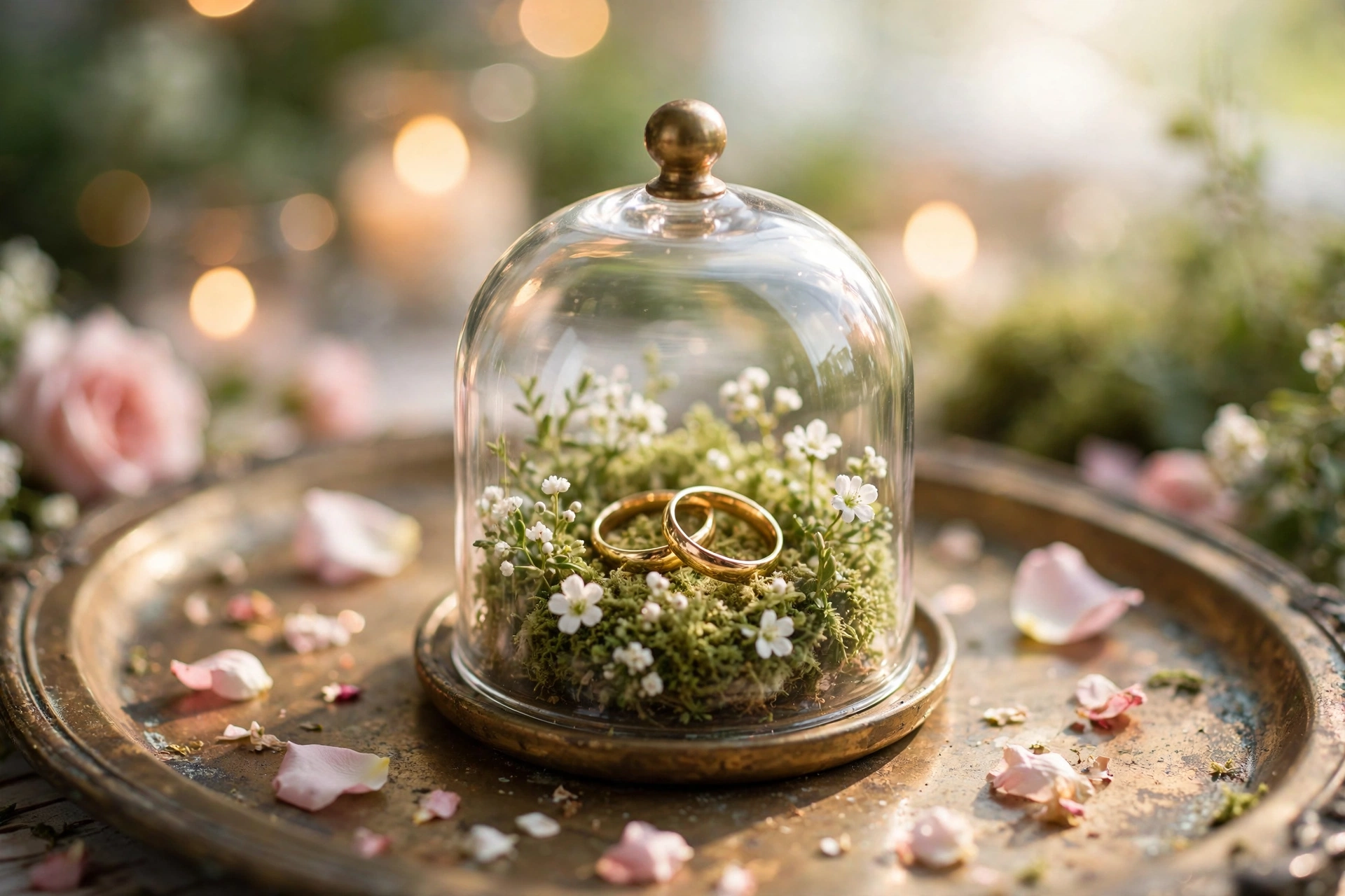 Glass cloche ring holder with gold wedding bands on moss and tiny white blooms
