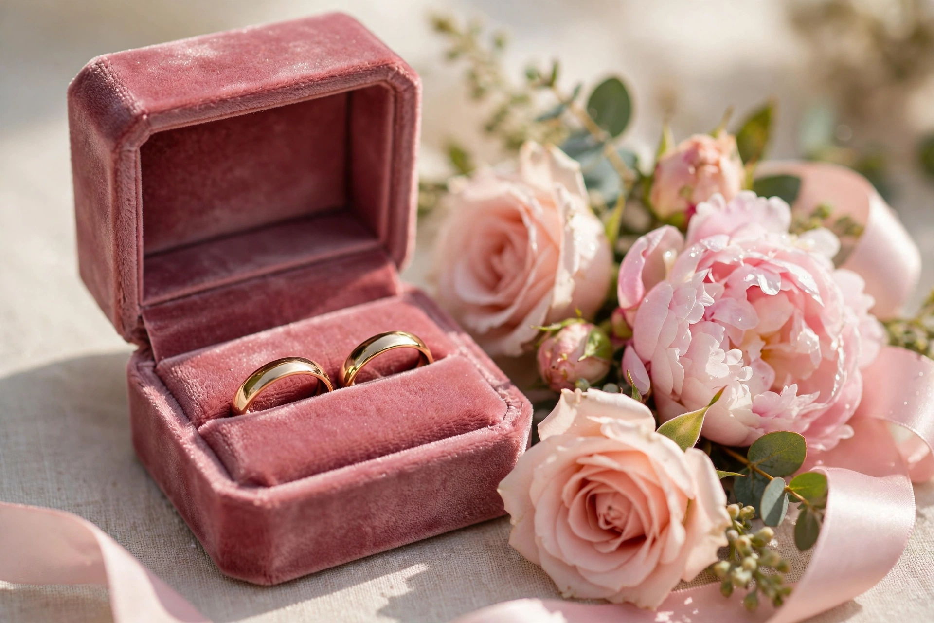 Blush velvet wedding ring box with gold wedding bands beside blush roses and peonies in bright daylight