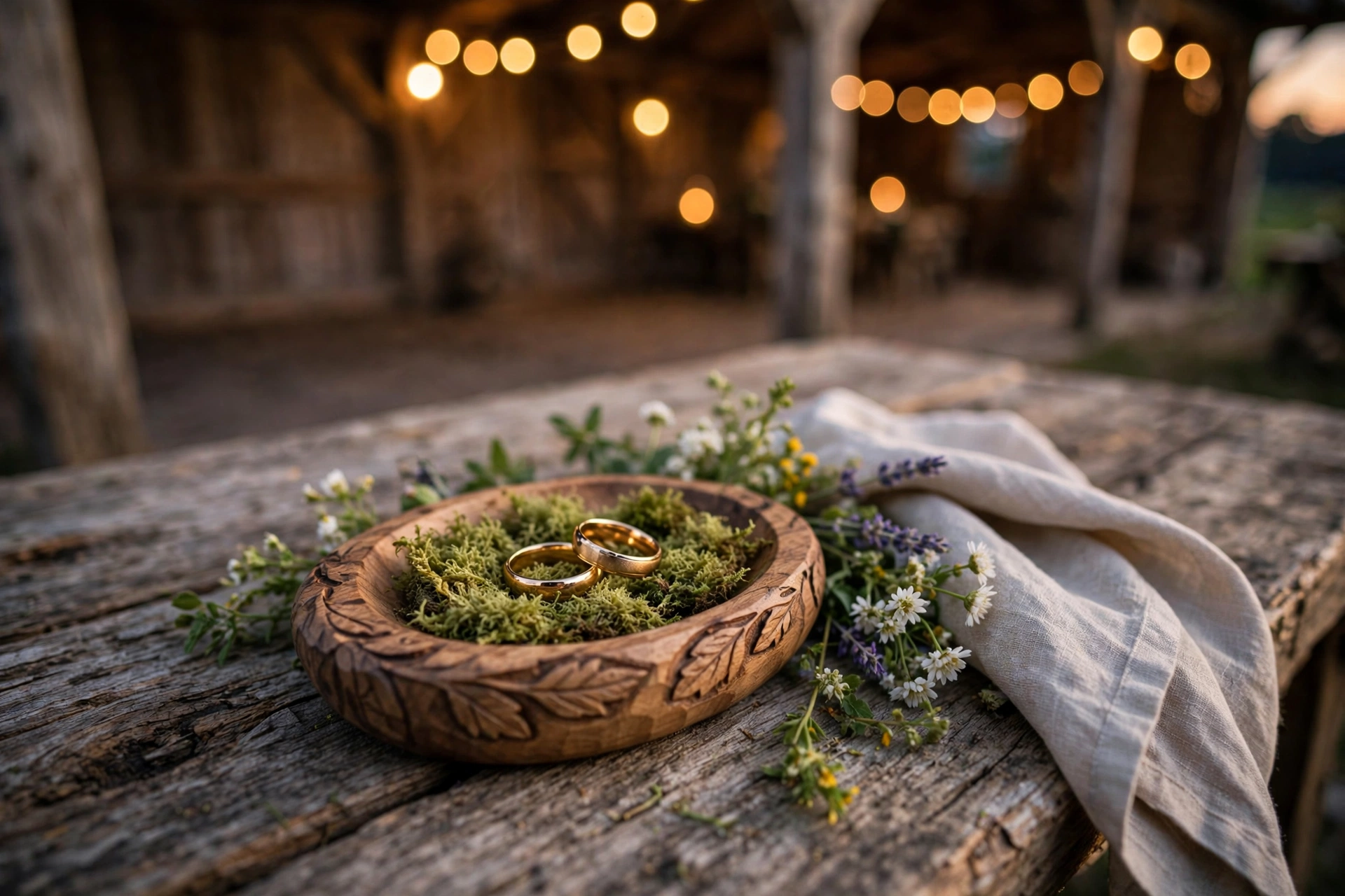 Rustic carved wooden ring dish with moss holding gold wedding bands