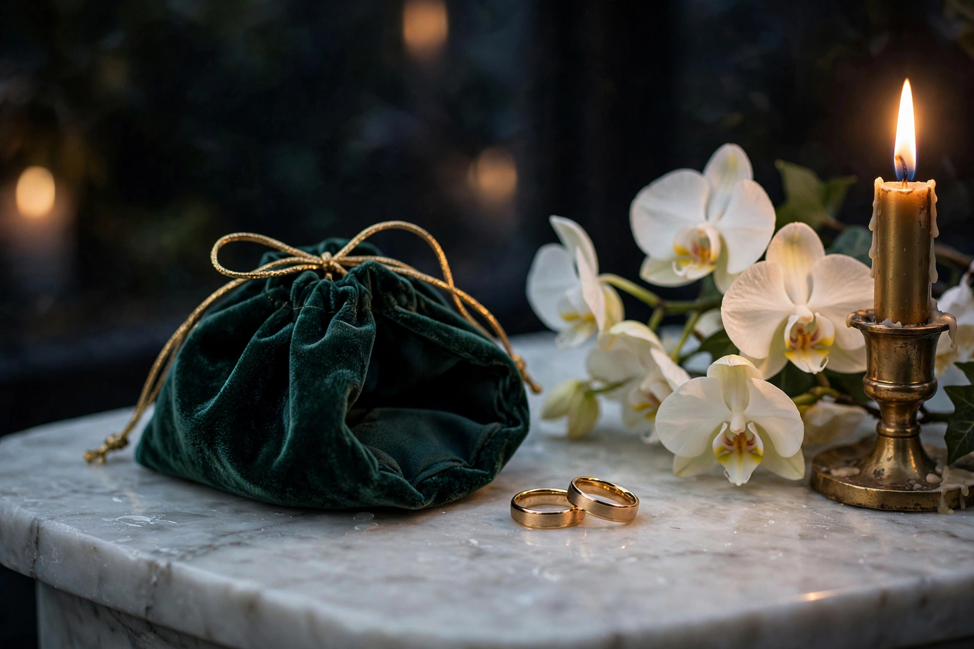 Emerald velvet ring pouch with gold drawstring on a marble vanity
