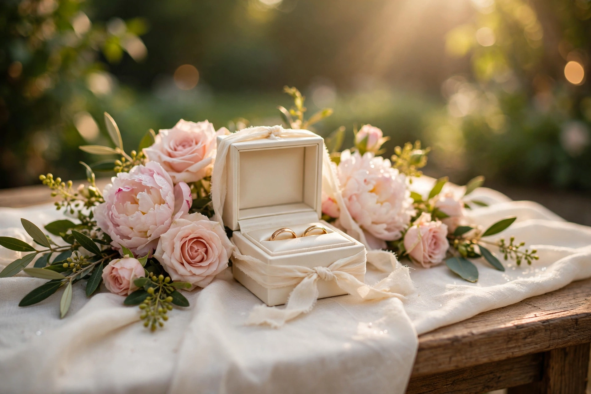 Silk ribbon ring box with gold bands and blush roses on a sunlit ceremony altar