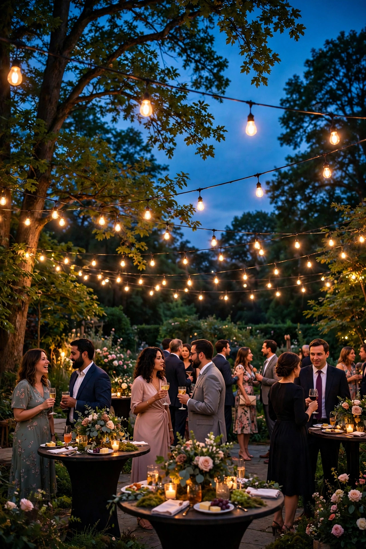 Outdoor wedding with string lights glowing at dusk