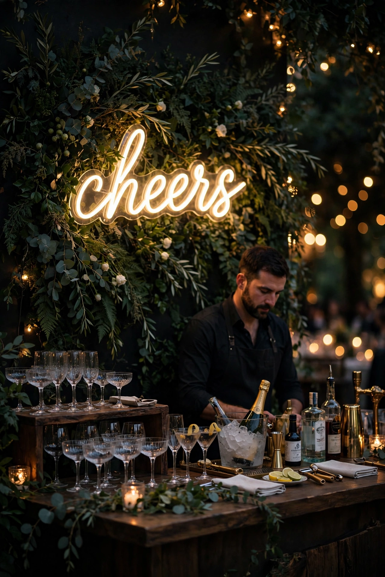 Neon wedding sign glowing above reception bar