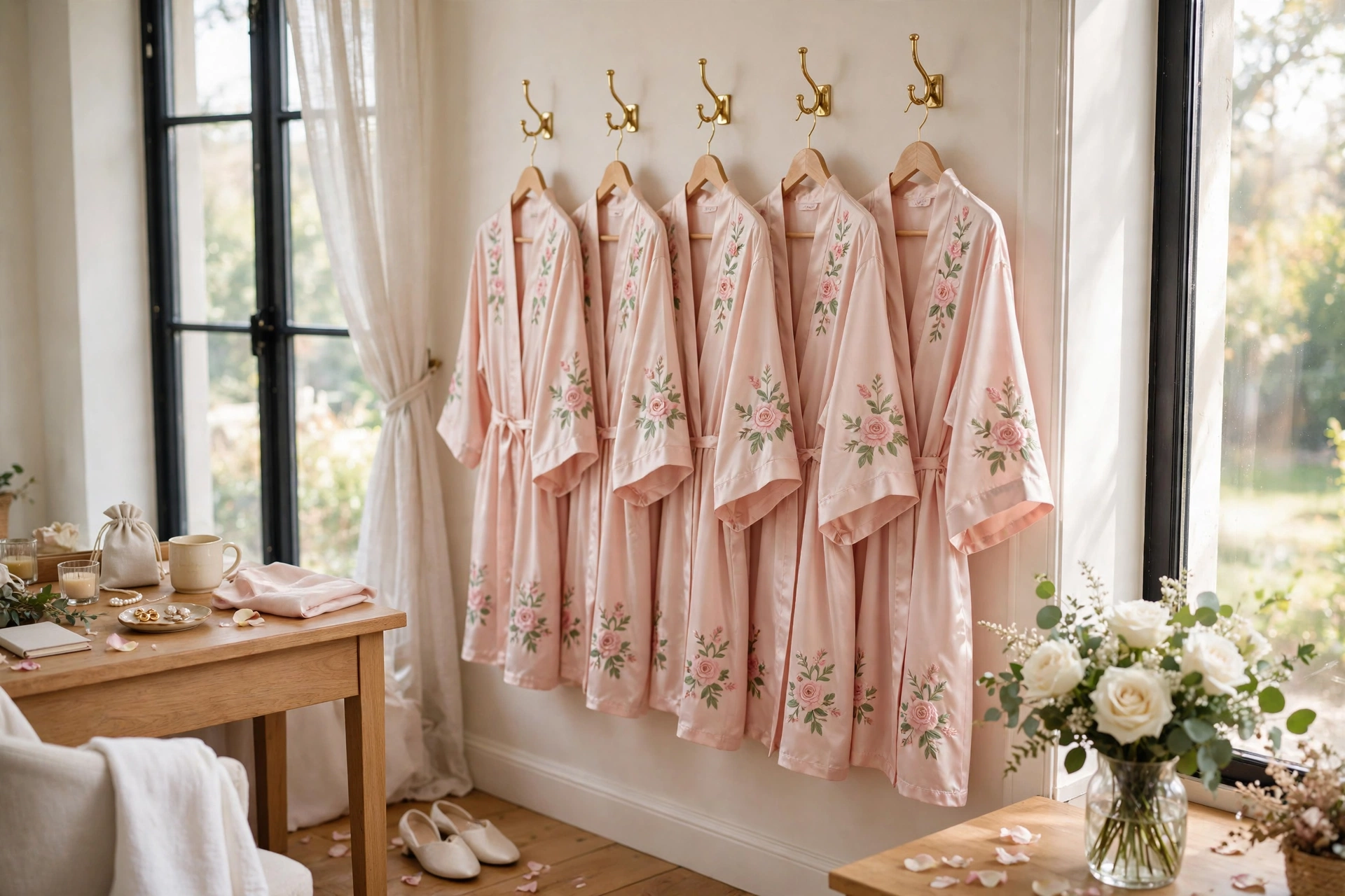 Blush satin bridal party robes with floral embroidery hanging by a bright window