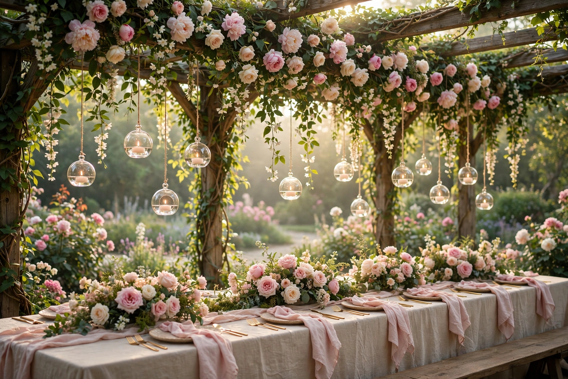 Dreamy fairytale wedding reception table under an ivy-draped pergola with blush roses and hanging candle orbs