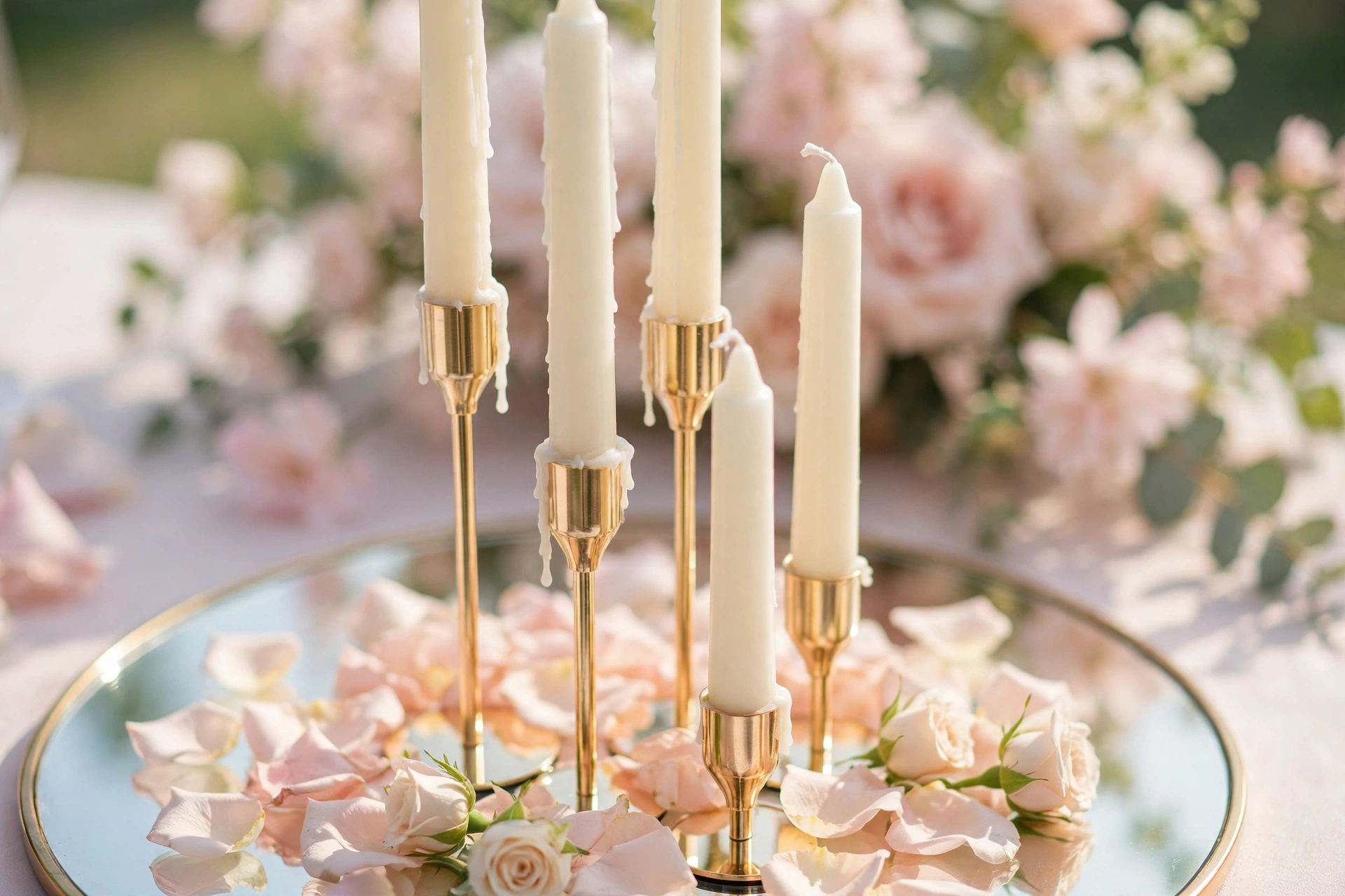 Ivory taper candles in gold holders on a mirrored tray with blush rose petals