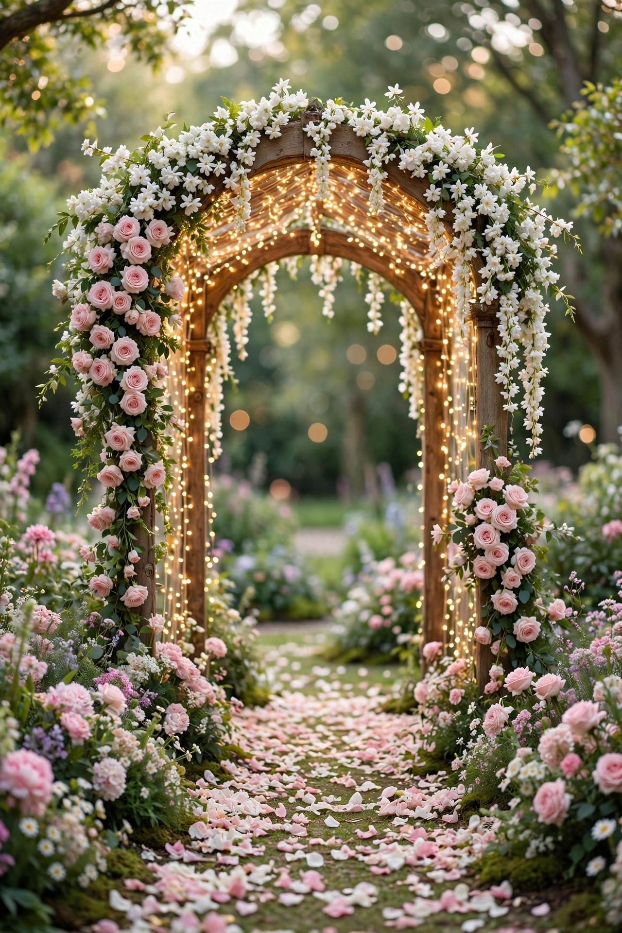 Fairytale garden wedding arch draped with fairy lights, white jasmine and blush roses