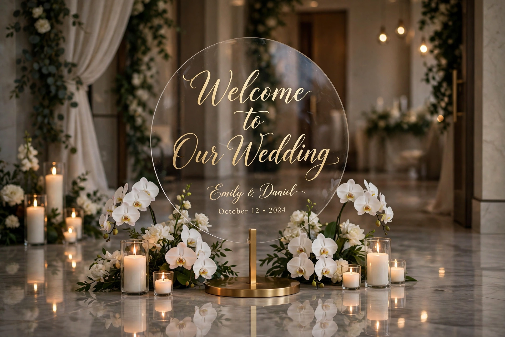 Round clear acrylic wedding welcome sign with gold calligraphy on a modern brass stand with orchids