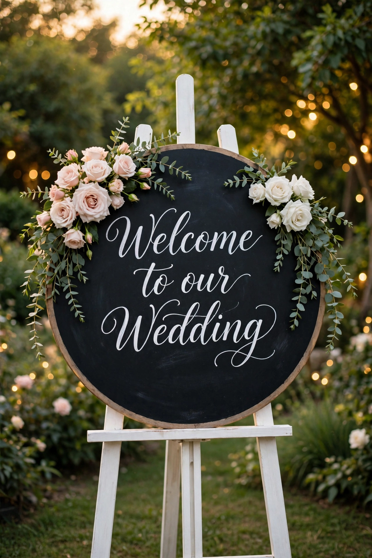 Round chalkboard wedding welcome sign with blush roses on a white easel in a garden