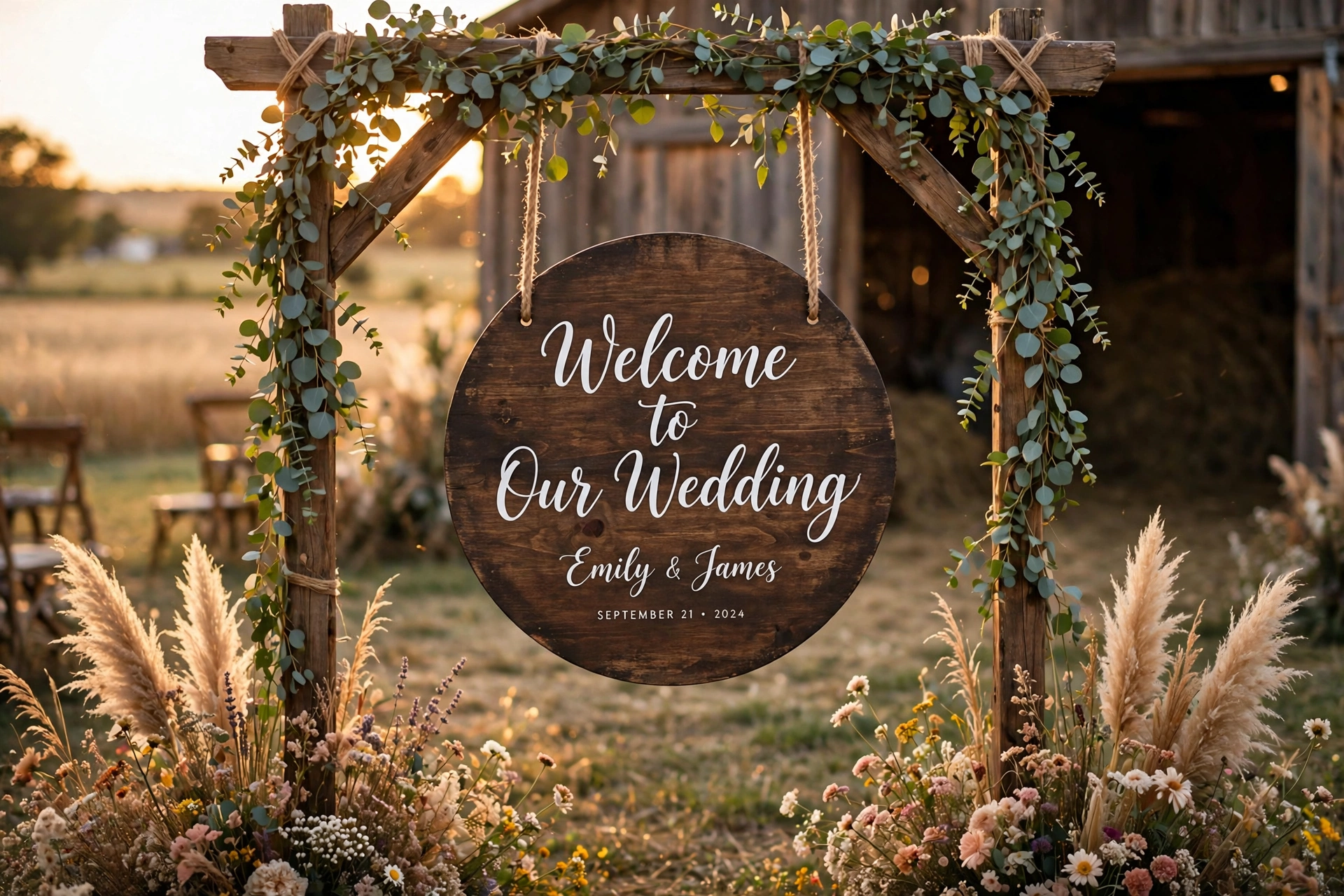 Round rustic wooden wedding welcome sign with hand-painted white calligraphy hanging from a floral arch